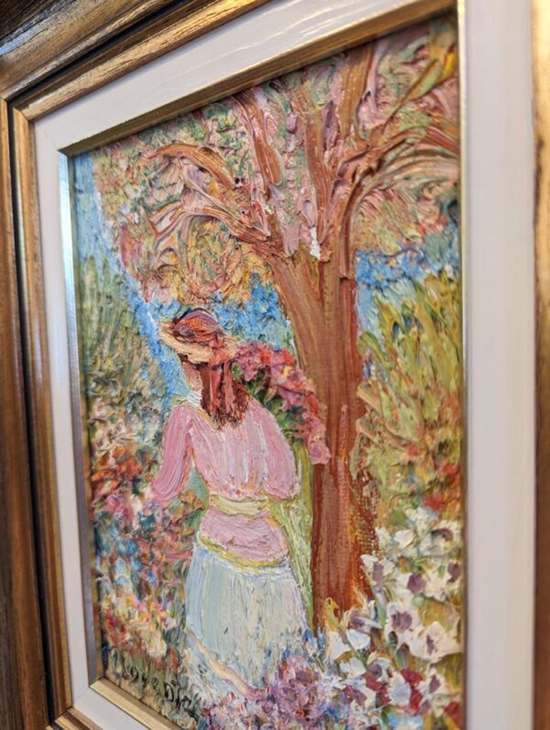 Vintage Mid-Century Swedish Figurative Framed Oil Painting - Girl in the Garden For Sale 9