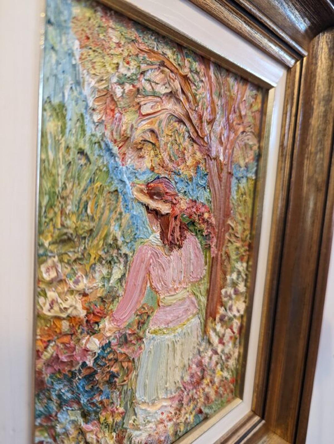 Vintage Mid-Century Swedish Figurative Framed Oil Painting - Girl in the Garden For Sale 10