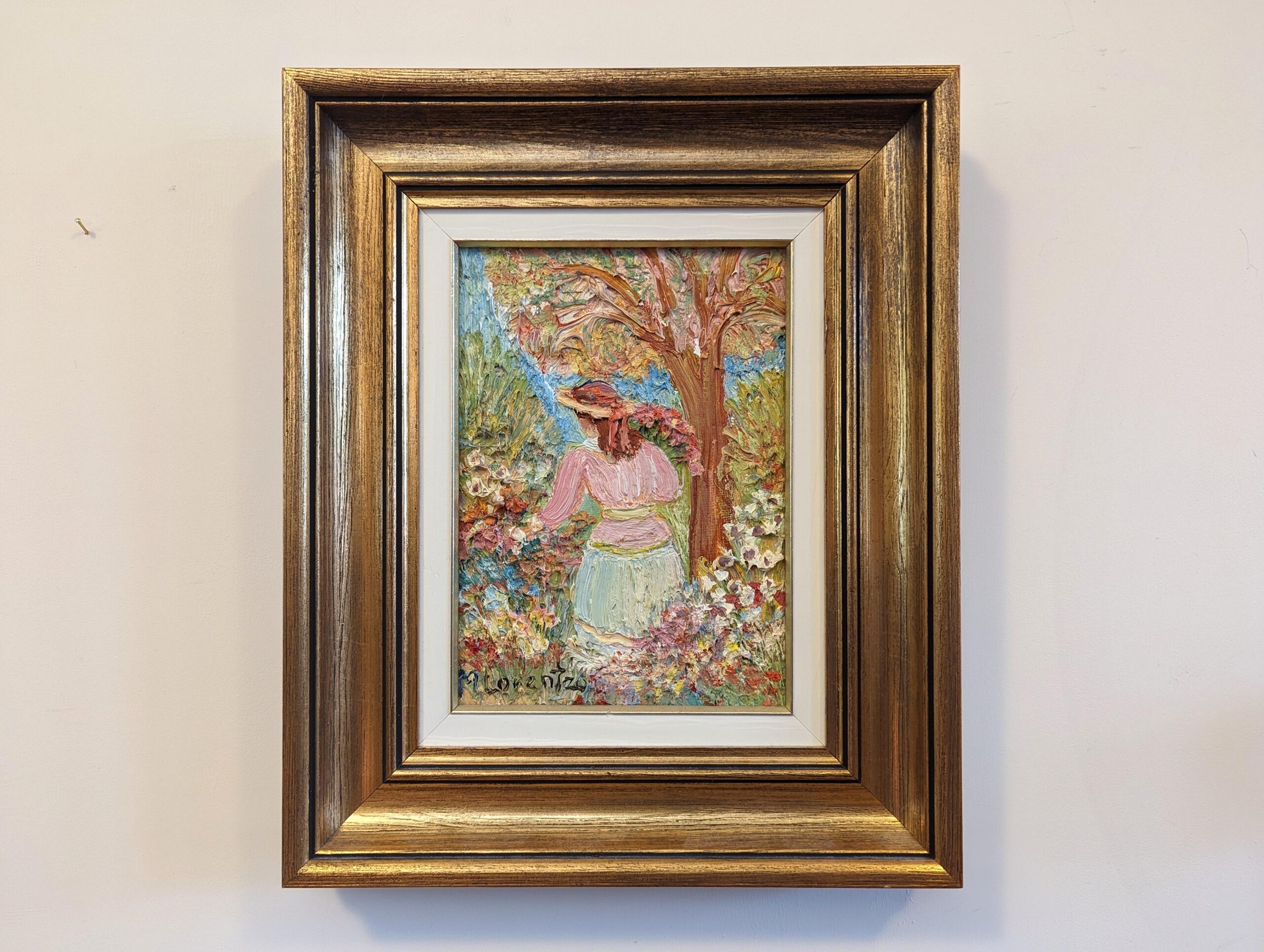 GIRL IN THE GARDEN
Size:  35.5 x 30 cm (including frame)
Oil on Canvas

A richly textured and charming mid-century figurative painting, executed in oil onto canvas.

Small yet impactful in its composition, the painting portrays a poised young lady
