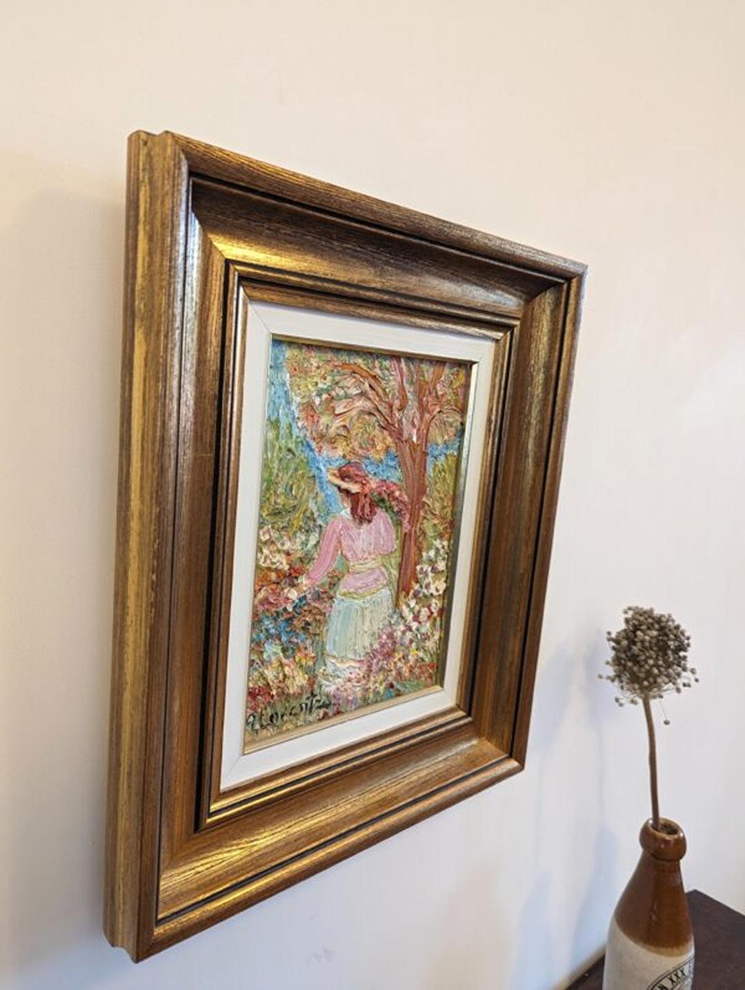 Vintage Mid-Century Swedish Figurative Framed Oil Painting - Girl in the Garden For Sale 2