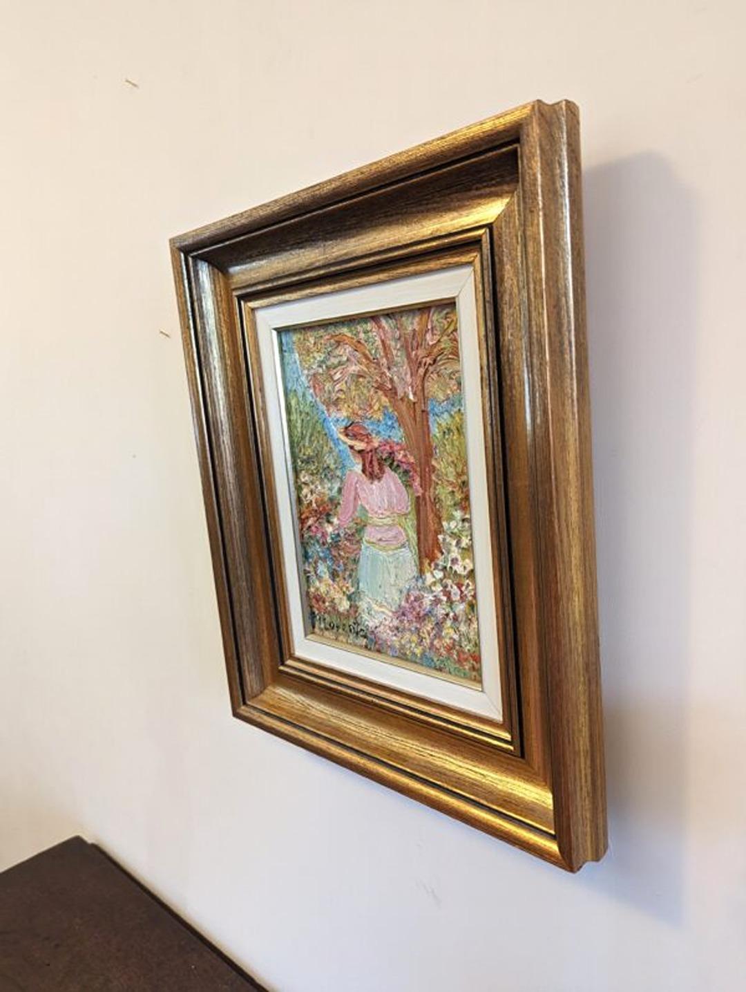 Vintage Mid-Century Swedish Figurative Framed Oil Painting - Girl in the Garden For Sale 3