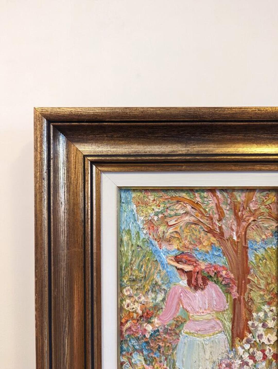 Vintage Mid-Century Swedish Figurative Framed Oil Painting - Girl in the Garden For Sale 4