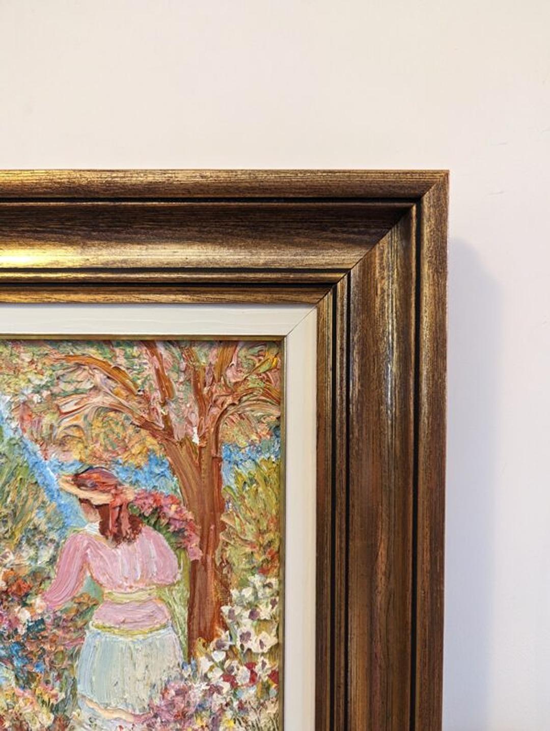 Vintage Mid-Century Swedish Figurative Framed Oil Painting - Girl in the Garden For Sale 5