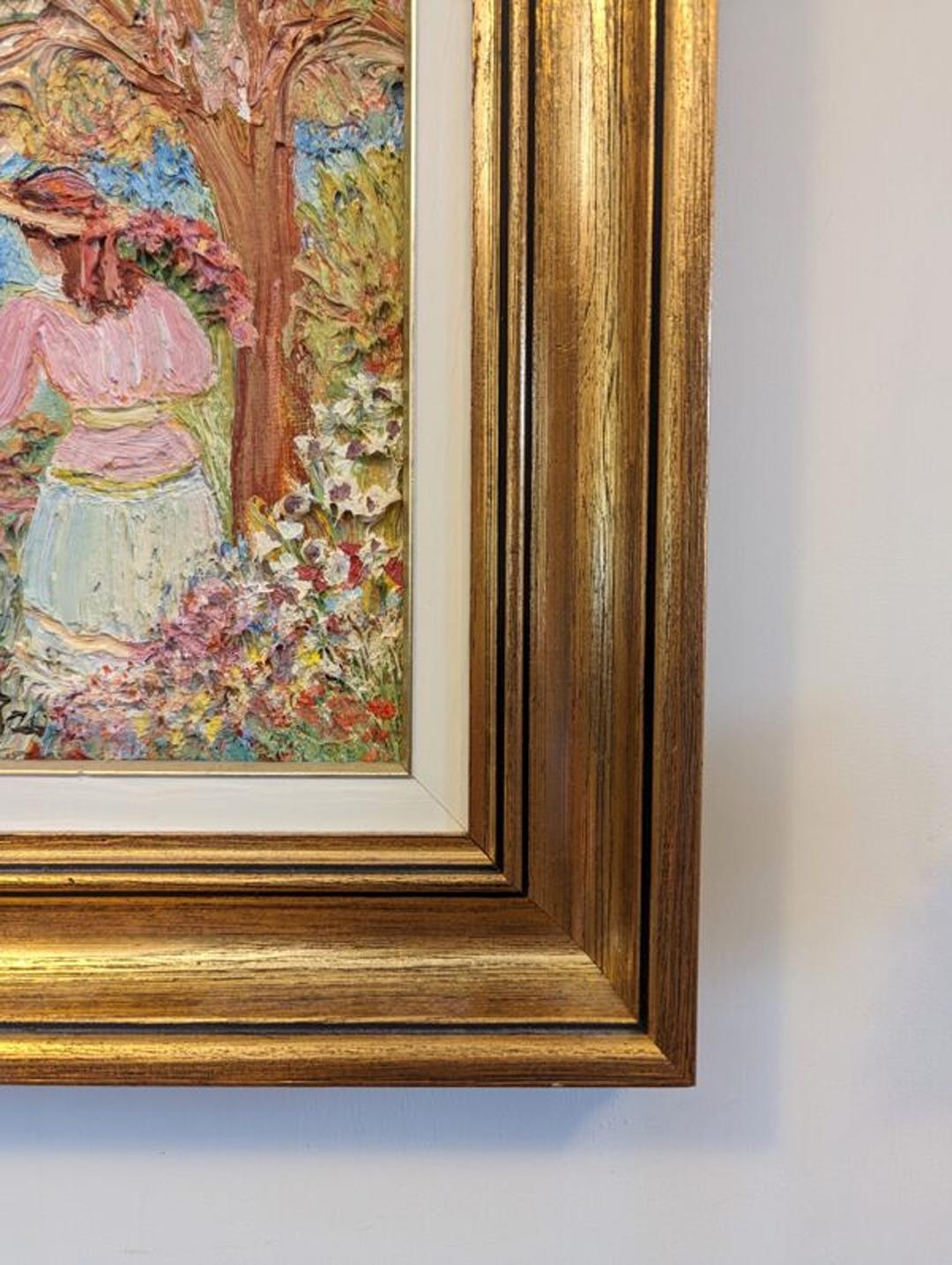 Vintage Mid-Century Swedish Figurative Framed Oil Painting - Girl in the Garden For Sale 6
