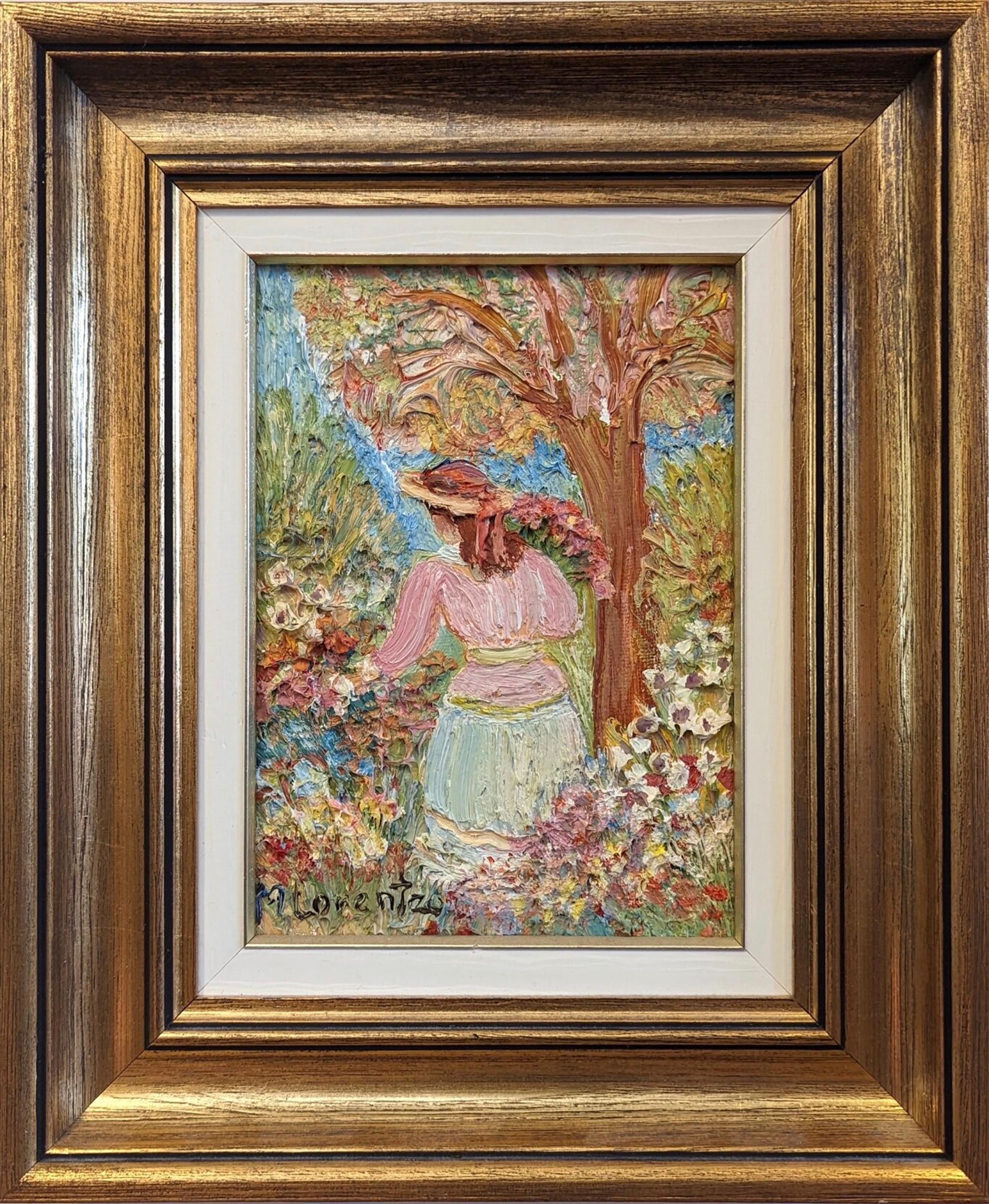 Unknown Figurative Painting - Vintage Mid-Century Swedish Figurative Framed Oil Painting - Girl in the Garden