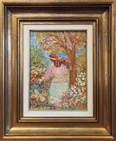 Vintage Mid-Century Swedish Figurative Framed Oil Painting - Girl in the Garden