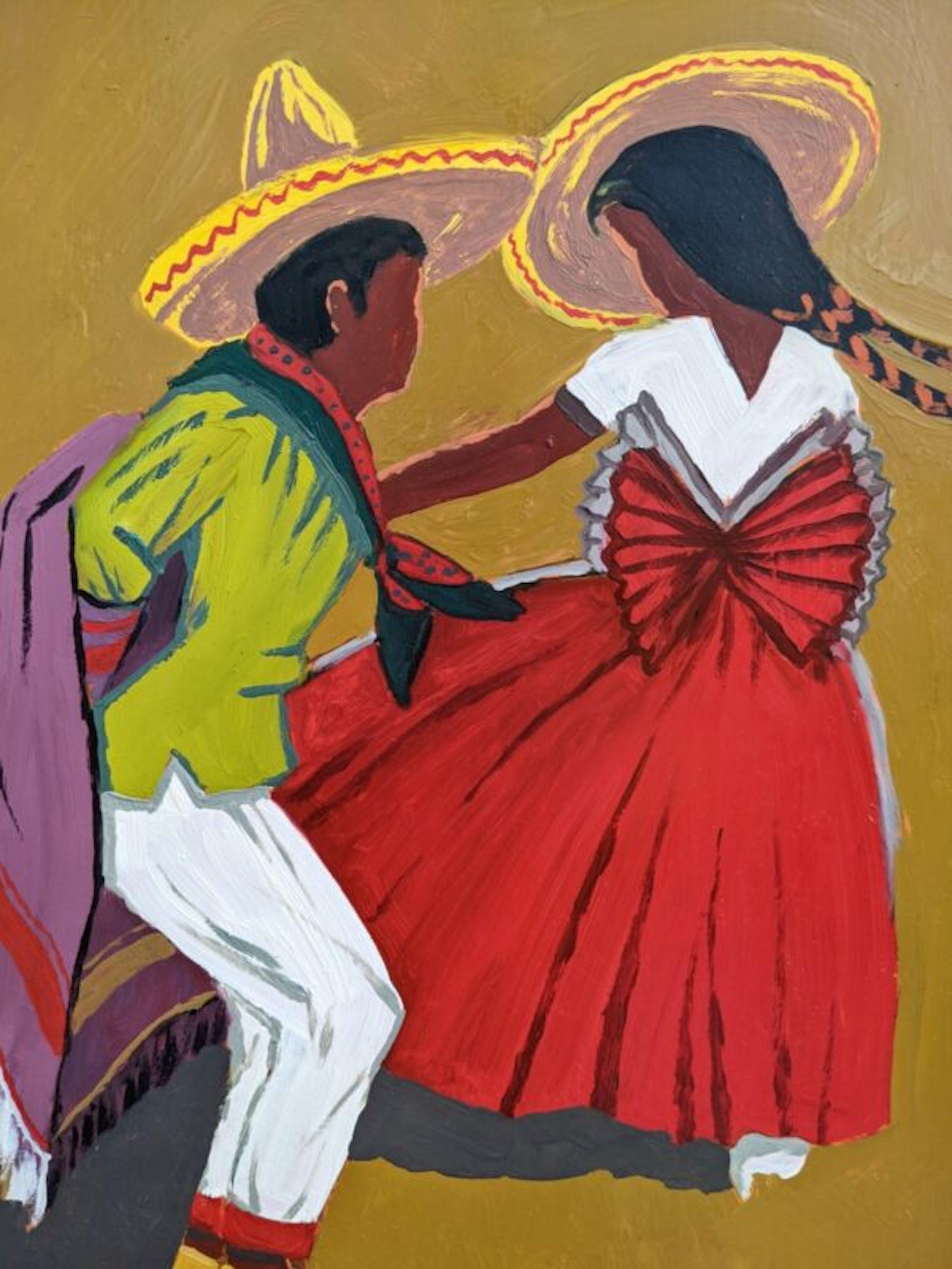 Vintage Mid-Century Swedish Figurative Framed Oil Painting - Mexican Dancers - Brown Figurative Painting by Unknown