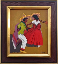 Vintage Mid-Century Swedish Figurative Framed Oil Painting - Mexican Dancers