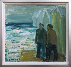 Vintage Mid-Century Swedish Figurative Framed Oil Painting - The Fishing Huts