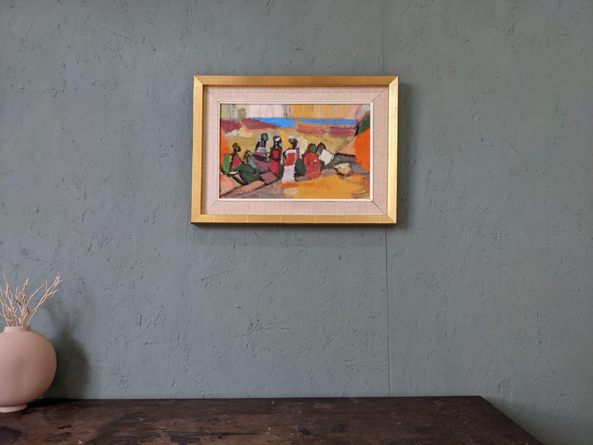 OUTING
Size: 34 x 46 cm (including frame)
Oil on canvas paper laid to board

A very lively and playful mid century modernist figure scene, painted in oil onto board by the established female Swedish artist Brita Hansson (1918-1979).

In this vivid