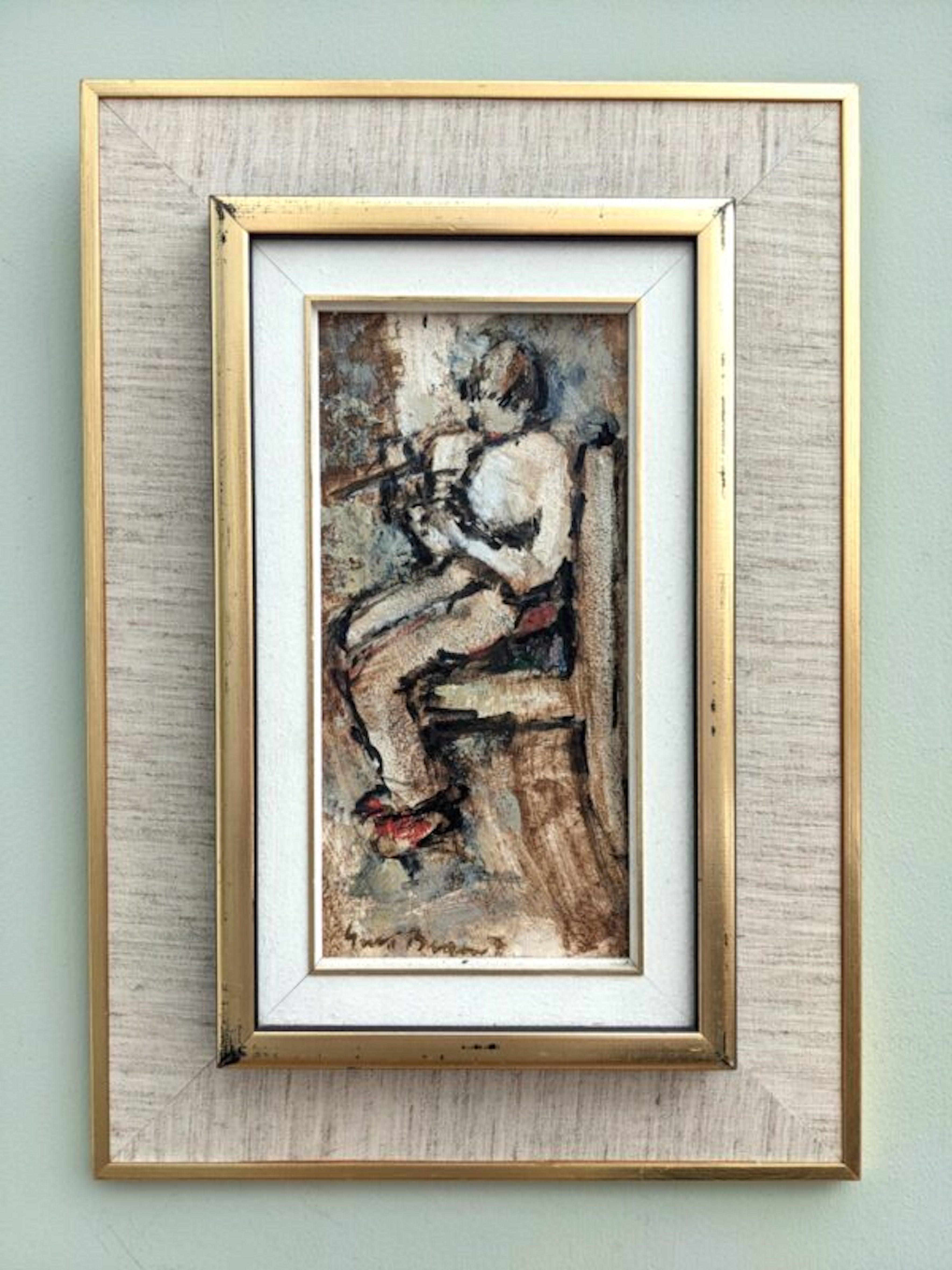 Vintage Mid-Century Swedish Figurative Portrait Framed Oil Painting - Red Shoes - Beige Portrait Painting by Unknown