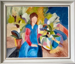 Vintage Mid-Century Swedish Figure Portrait Framed Oil Painting - Girl with Pots