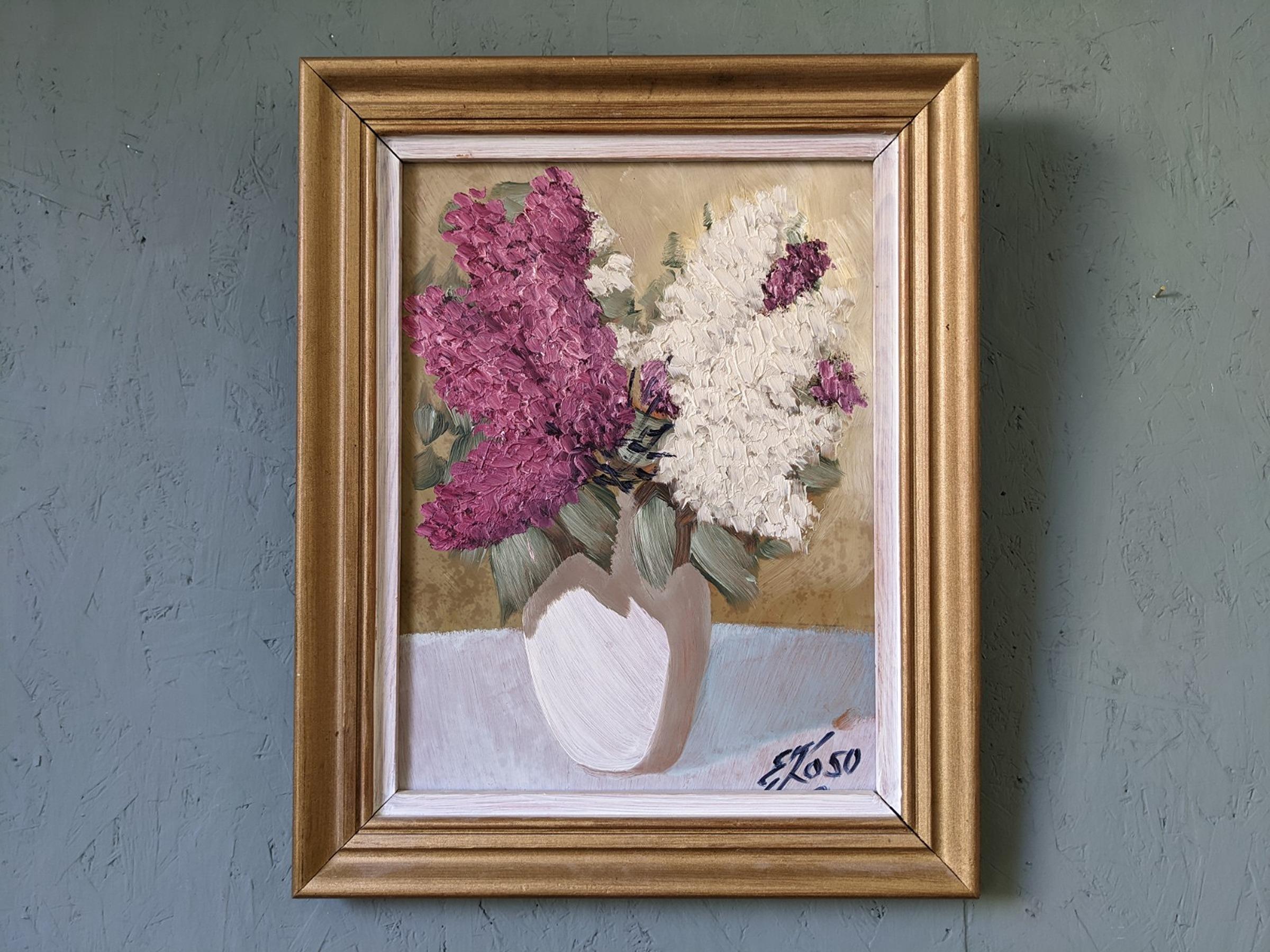 Vintage Mid-Century Swedish Floral Still Life Oil Painting - Hyacinths - Brown Still-Life Painting by Unknown