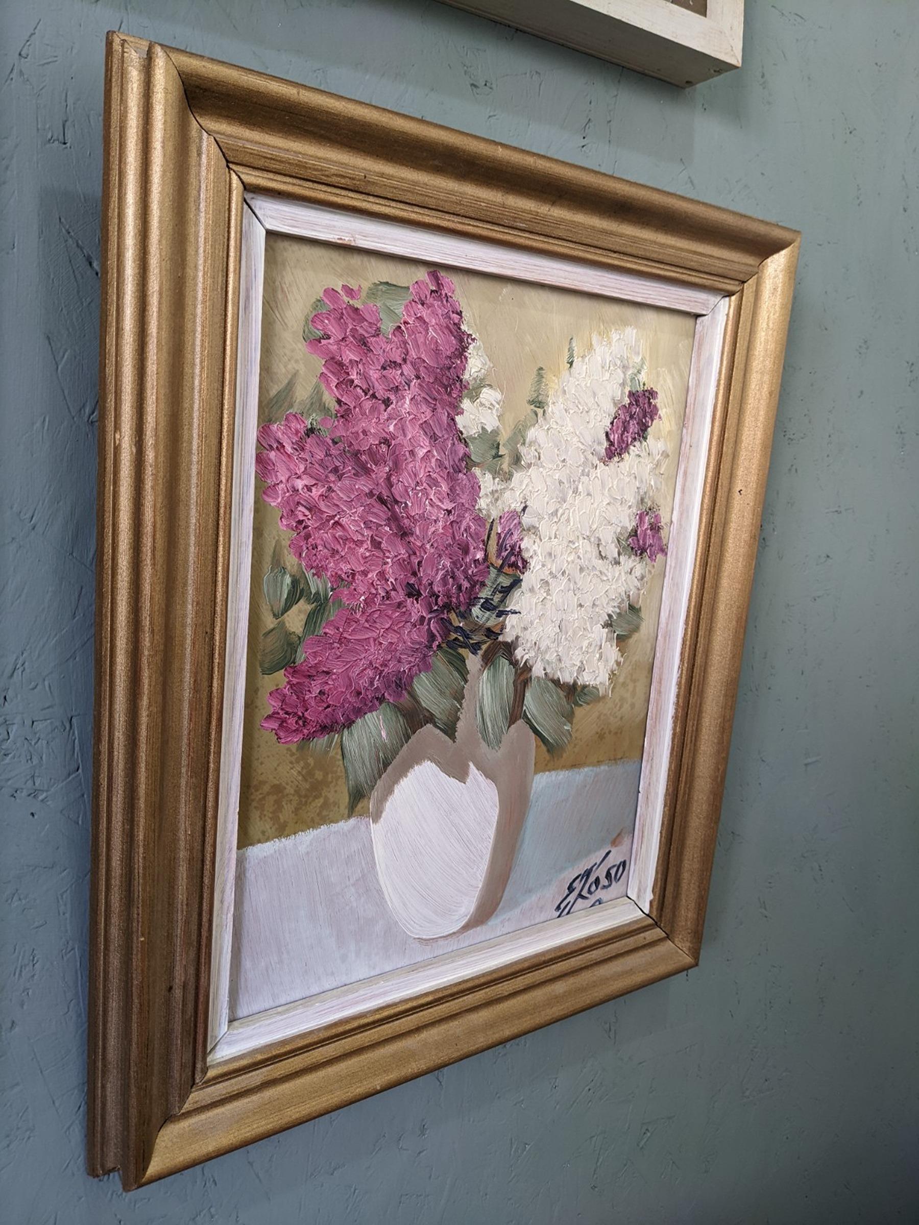 HYACINTHS
Size: 52 x 42 cm (including frame)
Oil on Board

An expressive and beautifully textured mid-century floral still life painting, executed in oil onto board.

The composition centers around a bouquet of pink and white hyacinths, carefully