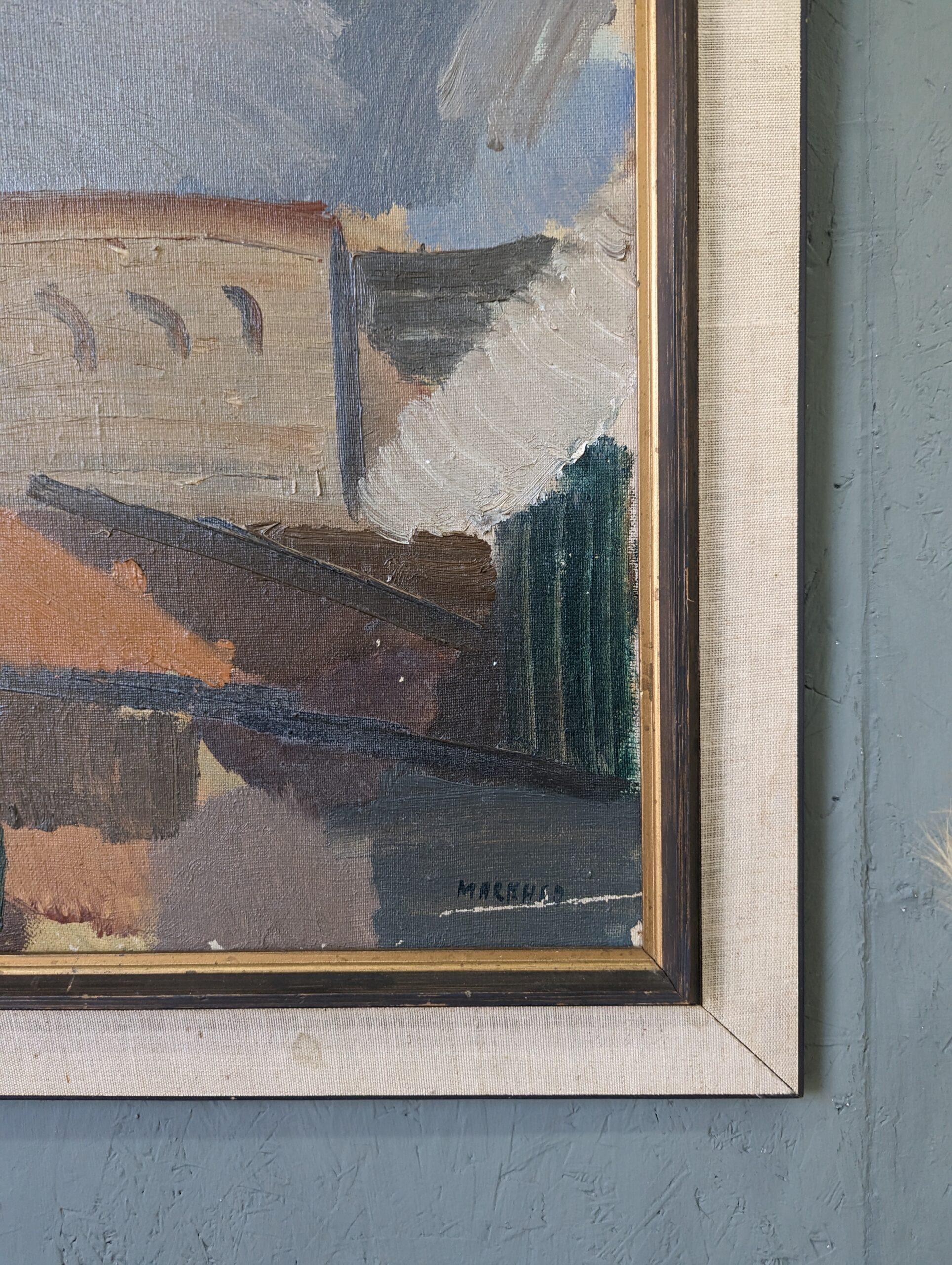 Peinture à l'huile suédoise vintage du milieu du siècle dernier, avec cadre, paysage urbain abstrait - Blocs de ville 6