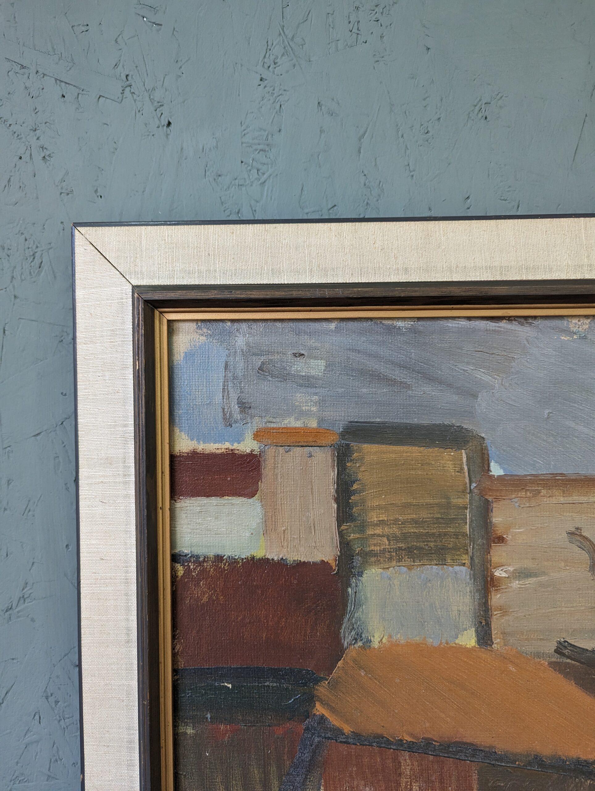 Peinture à l'huile suédoise vintage du milieu du siècle dernier, avec cadre, paysage urbain abstrait - Blocs de ville 7