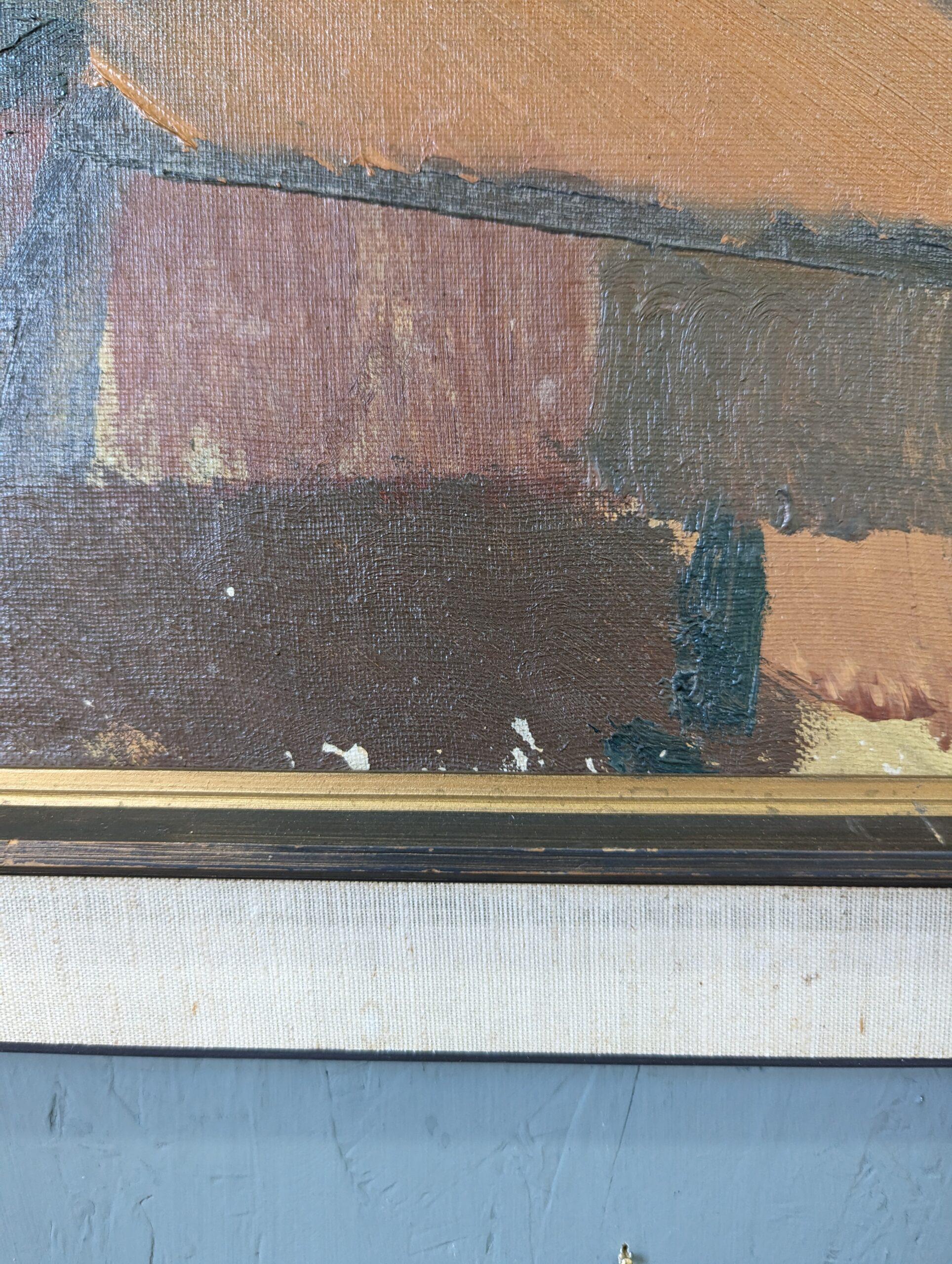 Peinture à l'huile suédoise vintage du milieu du siècle dernier, avec cadre, paysage urbain abstrait - Blocs de ville 8