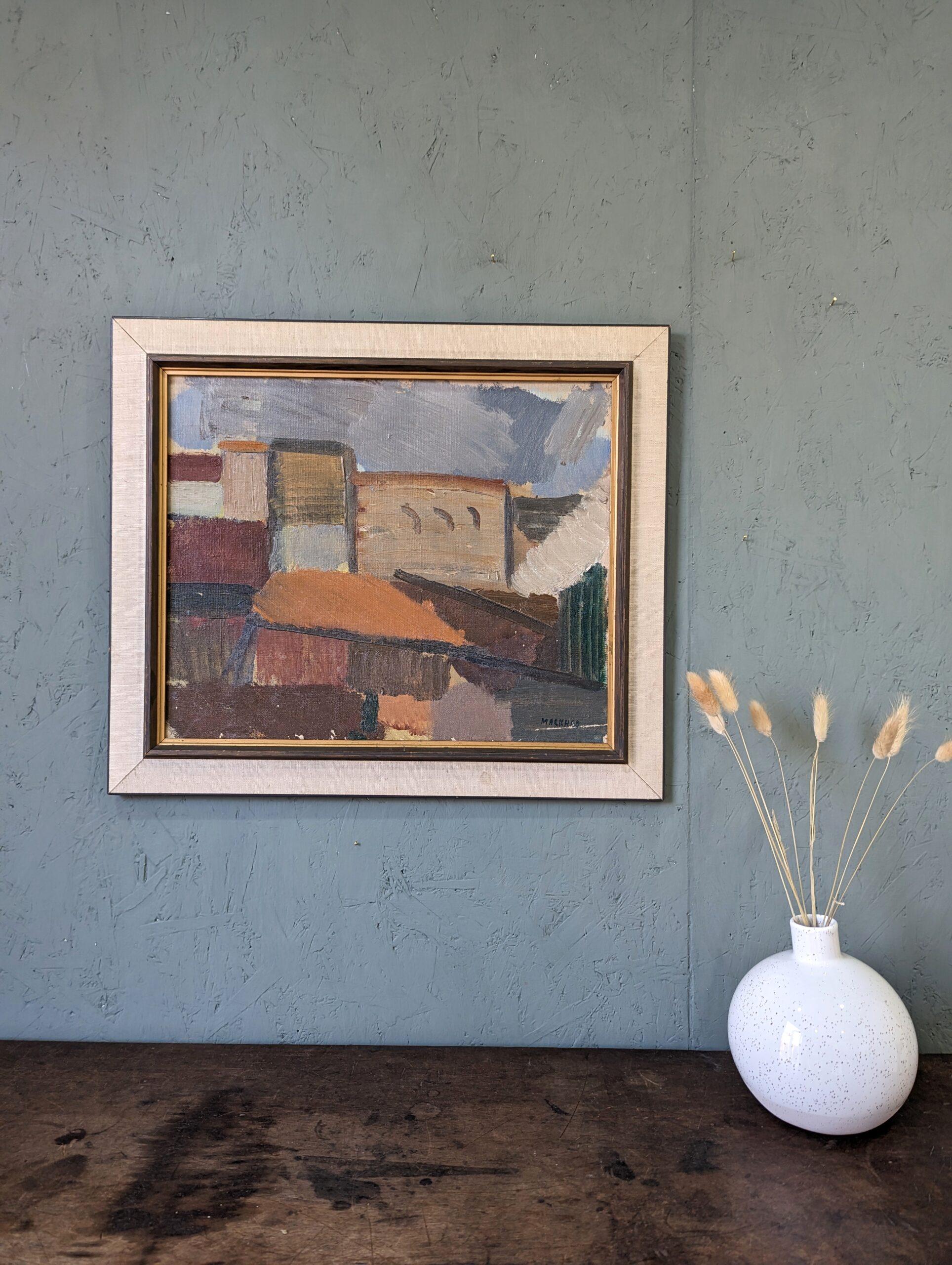 Peinture à l'huile suédoise vintage du milieu du siècle dernier, avec cadre, paysage urbain abstrait - Blocs de ville 10
