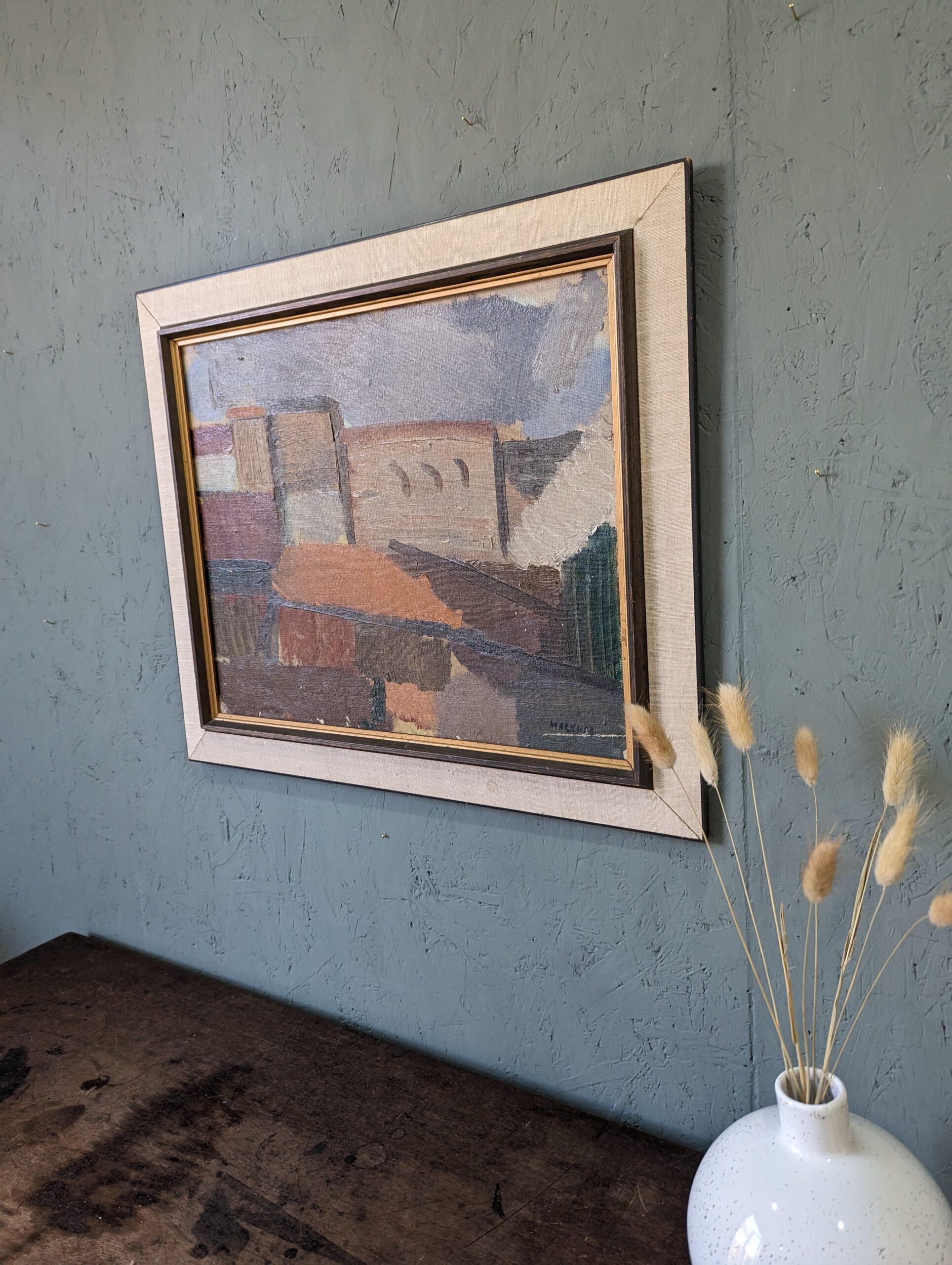 Peinture à l'huile suédoise vintage du milieu du siècle dernier, avec cadre, paysage urbain abstrait - Blocs de ville - Painting de Unknown