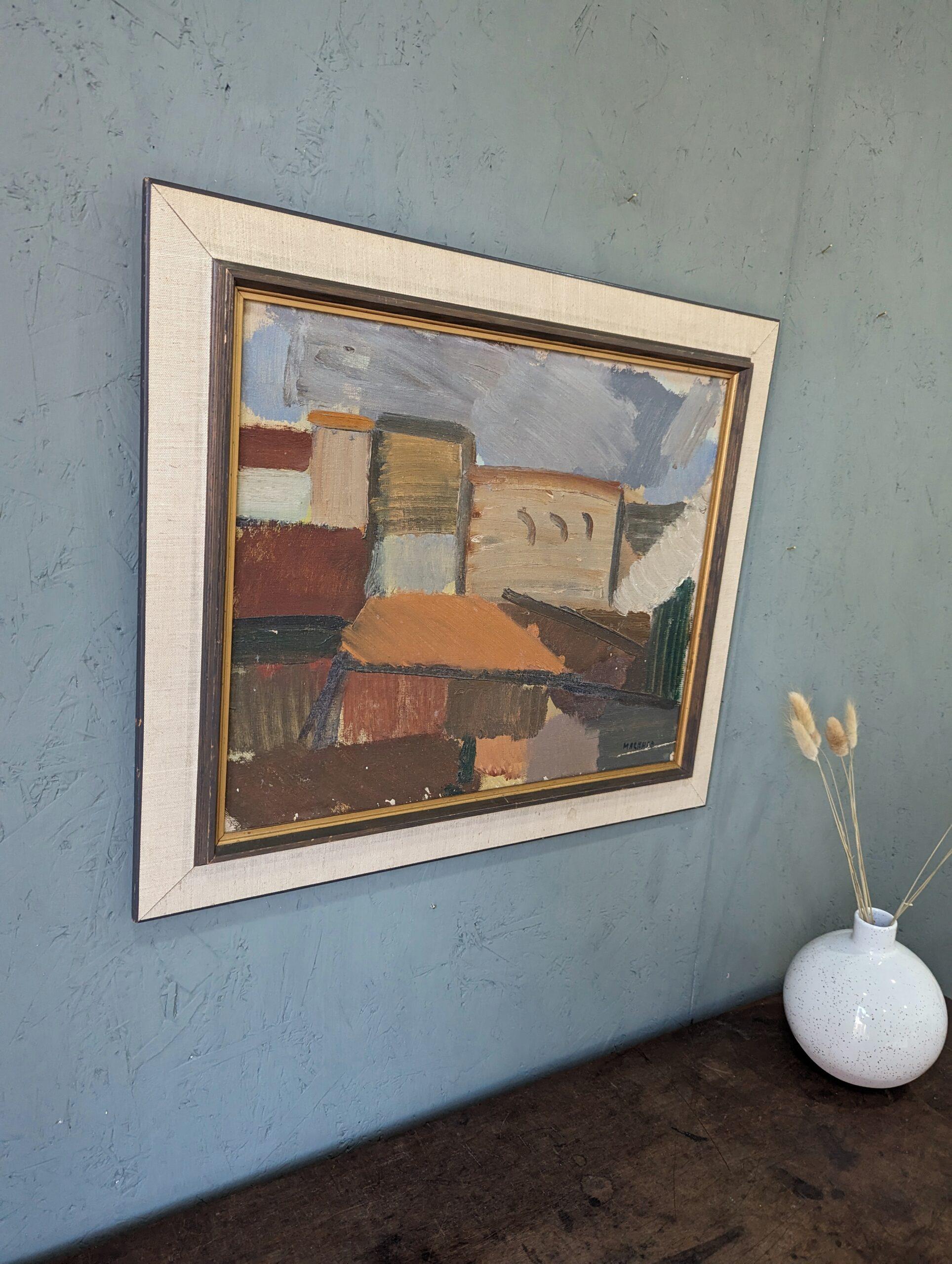 Peinture à l'huile suédoise vintage du milieu du siècle dernier, avec cadre, paysage urbain abstrait - Blocs de ville - Moderne Painting par Unknown