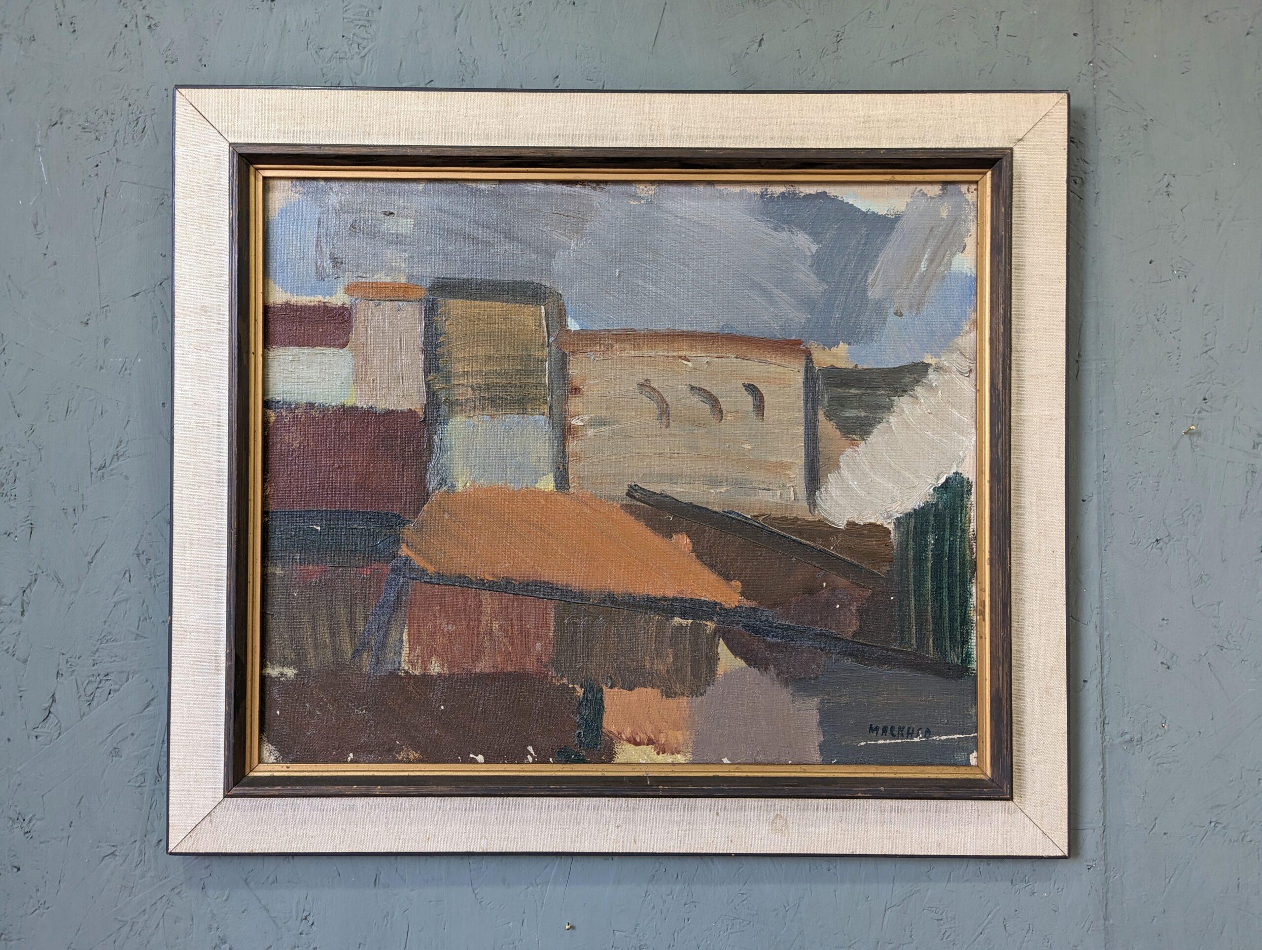 BLOCS DE LA VILLE
Taille : 48 x 56 cm (cadre compris)
Huile sur carton

Un fantastique paysage urbain abstrait du milieu du siècle, exécuté à l'huile sur carton.

Dans cette composition abstraite, l'artiste a reconstitué un paysage urbain de