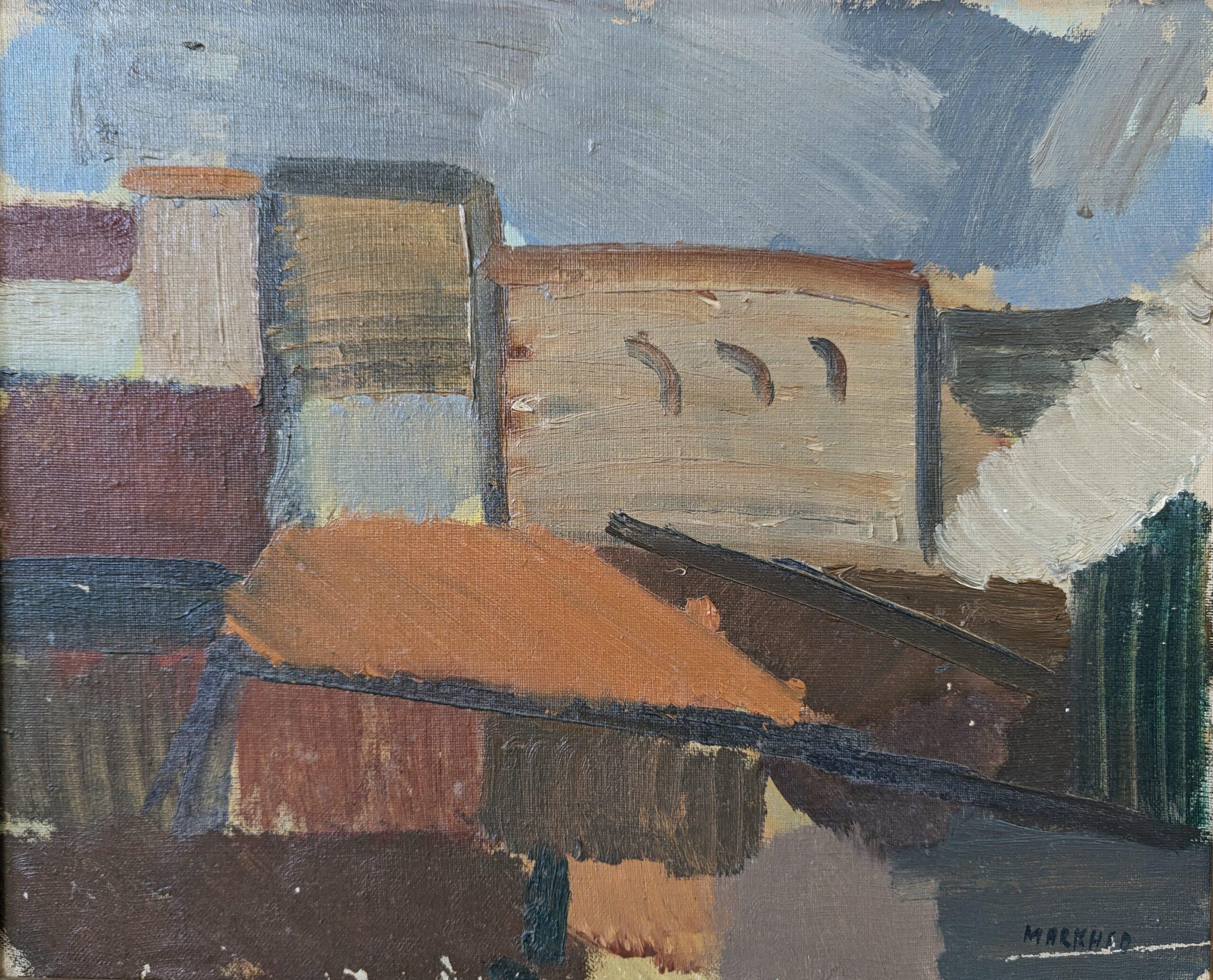 Peinture à l'huile suédoise vintage du milieu du siècle dernier, avec cadre, paysage urbain abstrait - Blocs de ville 1