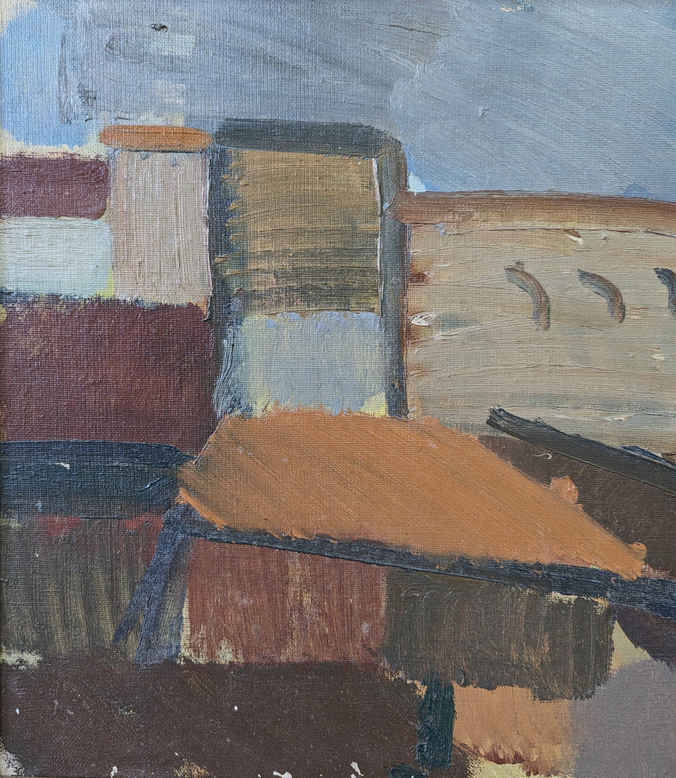Peinture à l'huile suédoise vintage du milieu du siècle dernier, avec cadre, paysage urbain abstrait - Blocs de ville 2