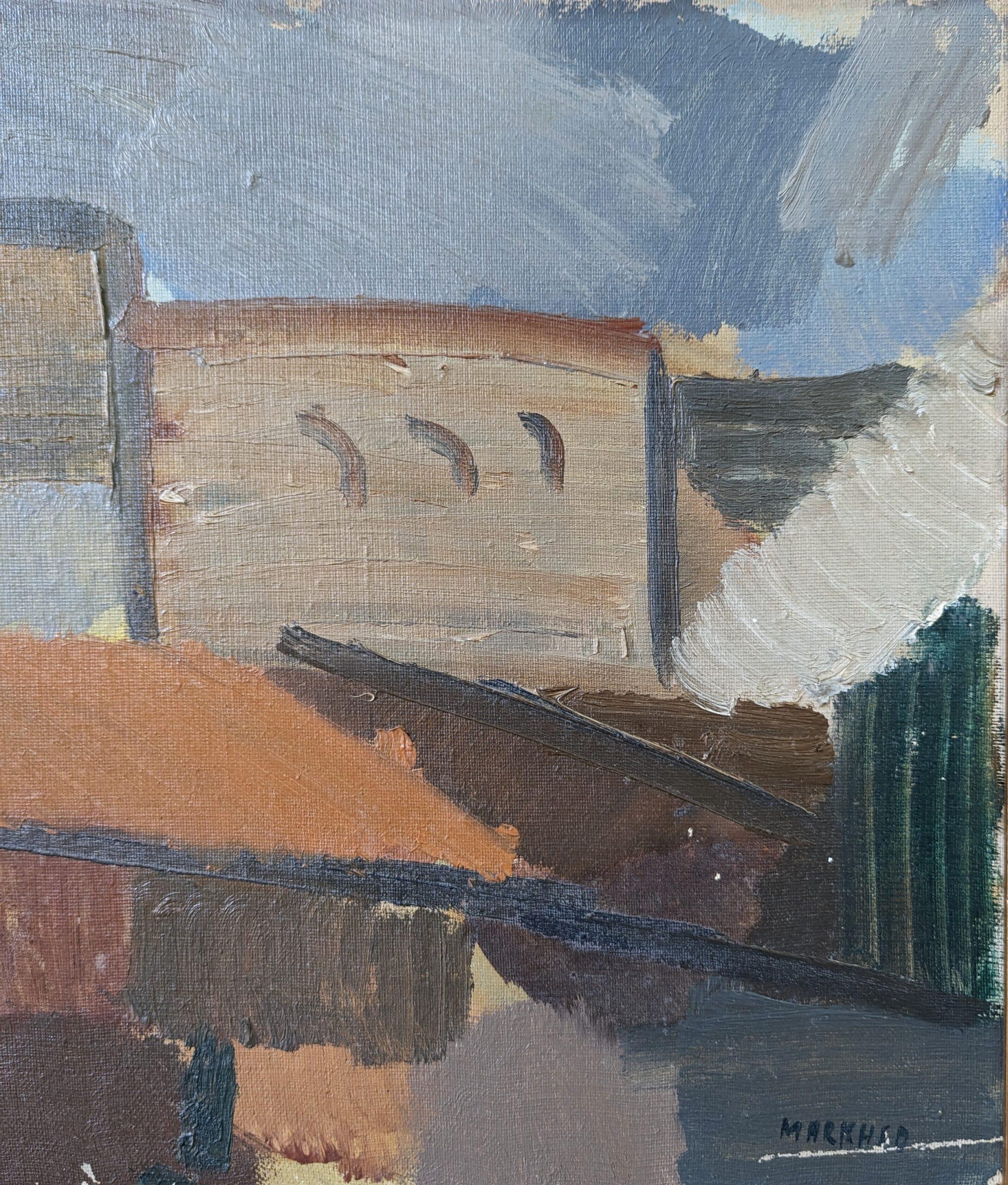 Peinture à l'huile suédoise vintage du milieu du siècle dernier, avec cadre, paysage urbain abstrait - Blocs de ville 3