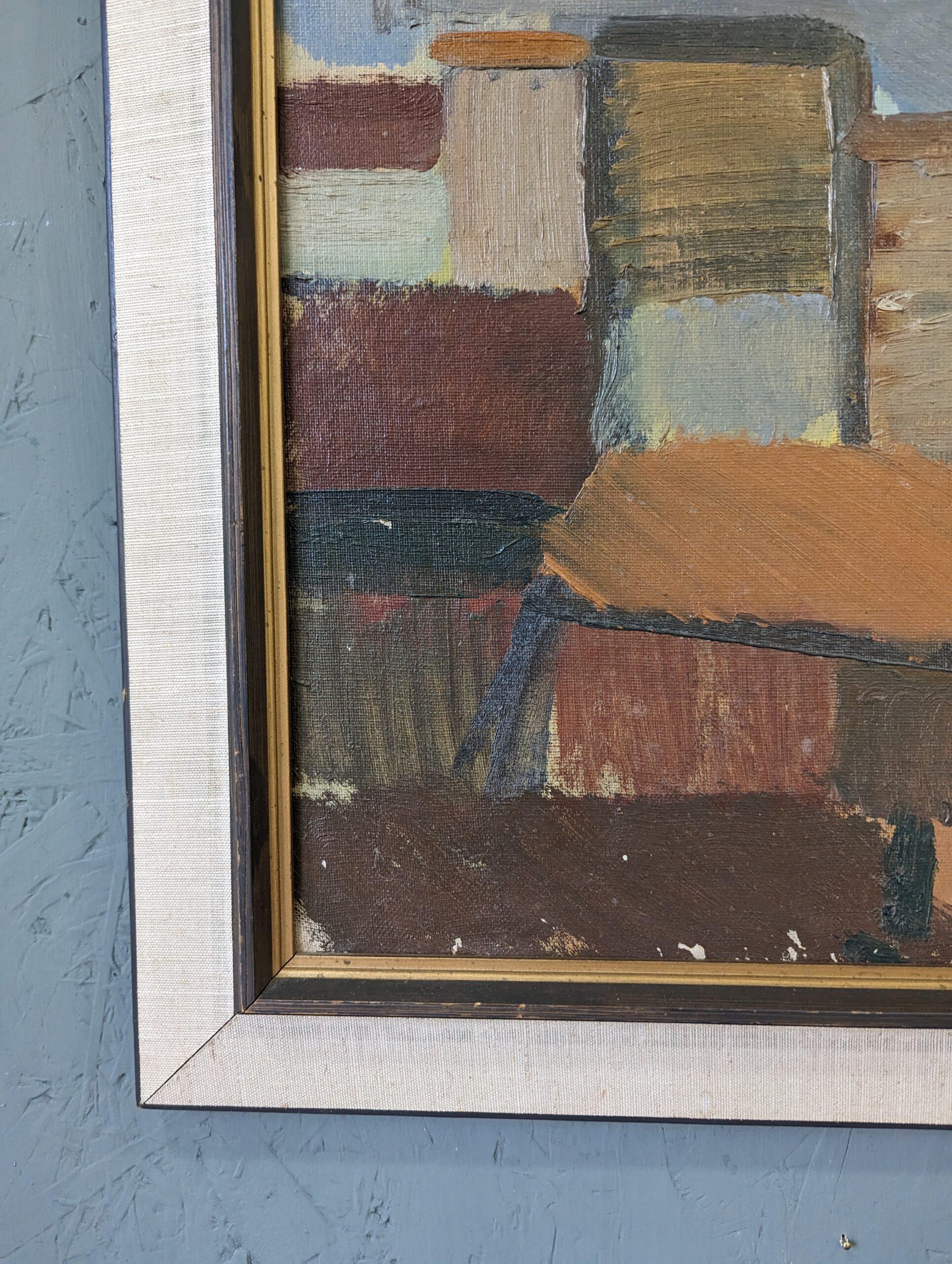 Peinture à l'huile suédoise vintage du milieu du siècle dernier, avec cadre, paysage urbain abstrait - Blocs de ville 4
