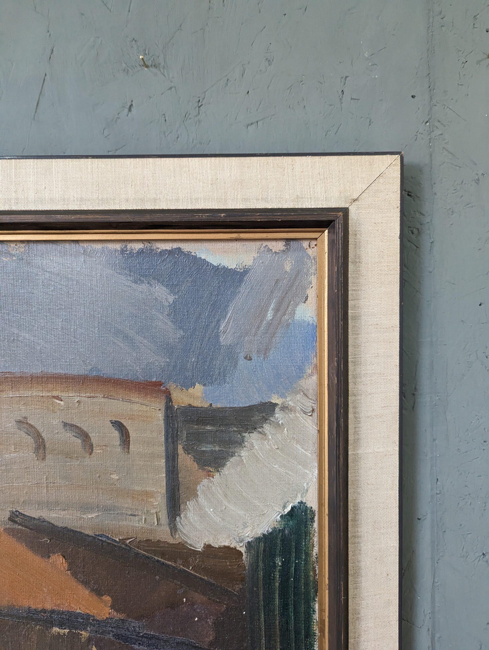 Peinture à l'huile suédoise vintage du milieu du siècle dernier, avec cadre, paysage urbain abstrait - Blocs de ville 5