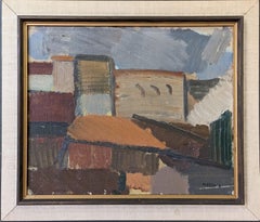 Vintage Mid-Century Swedish Framed Abstract Cityscape Oil Painting - City Blocks