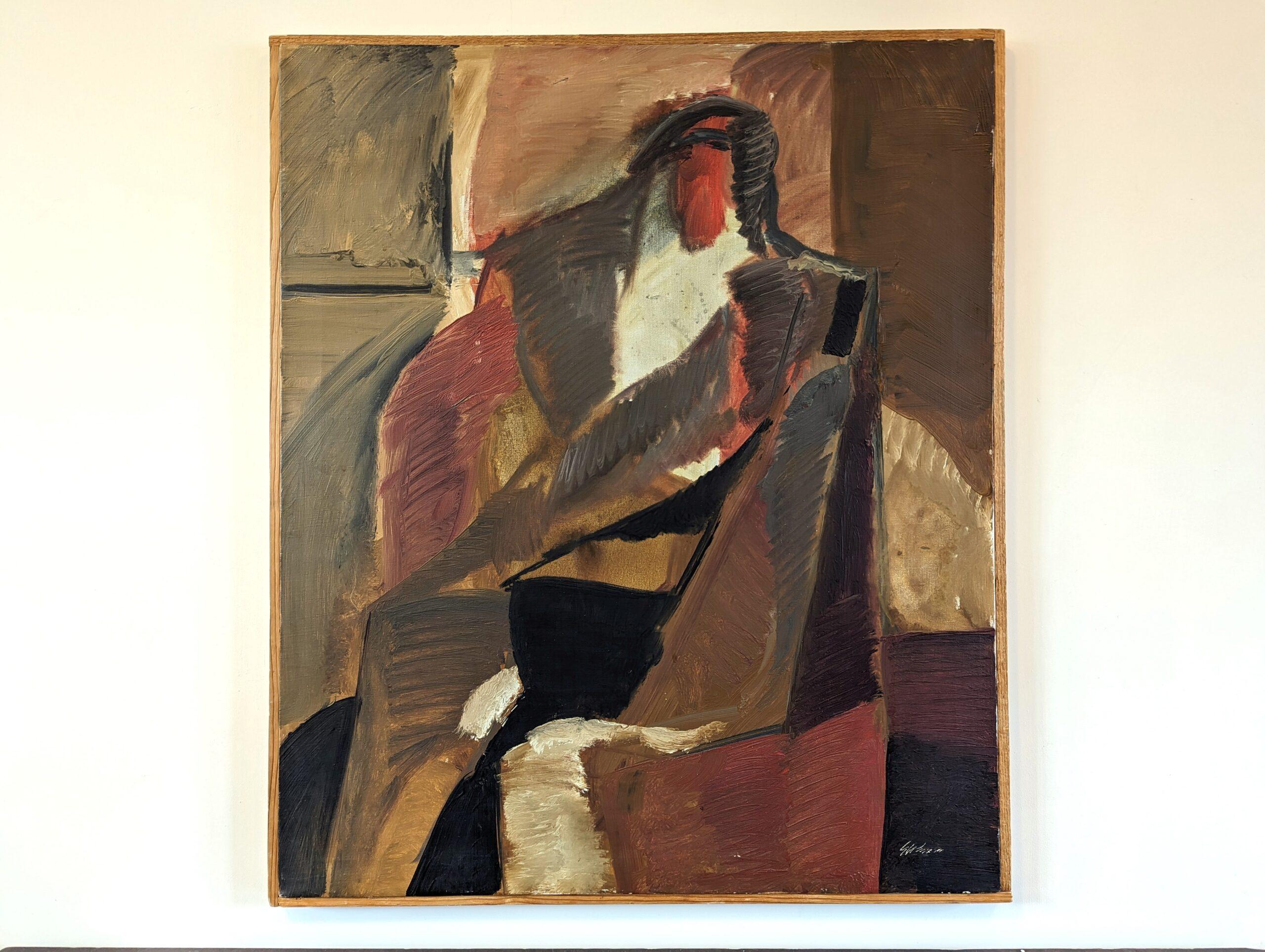 PRESENCE 
Size: 77.5 x 65 cm (including frame)
Oil on Canvas


A large, masterful and emotive mid-century figurative abstract composition, executed in oil onto board.

The composition unveils a seated figure on a chair. Seated upright and with