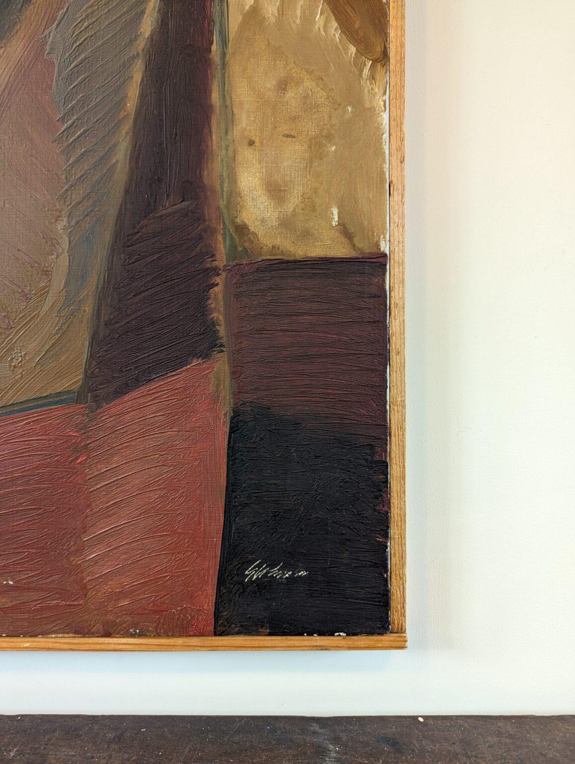 Pittura ad olio astratta figurativa con cornice della metà del secolo scorso in Svezia - Presenza 3