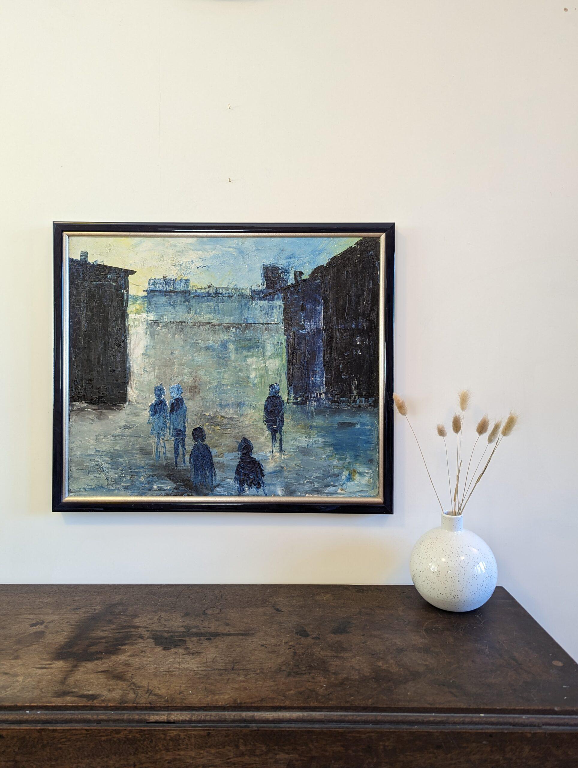 Vintage Mid-Century Swedish Framed Cityscape Oil Painting - City Dream For Sale 14