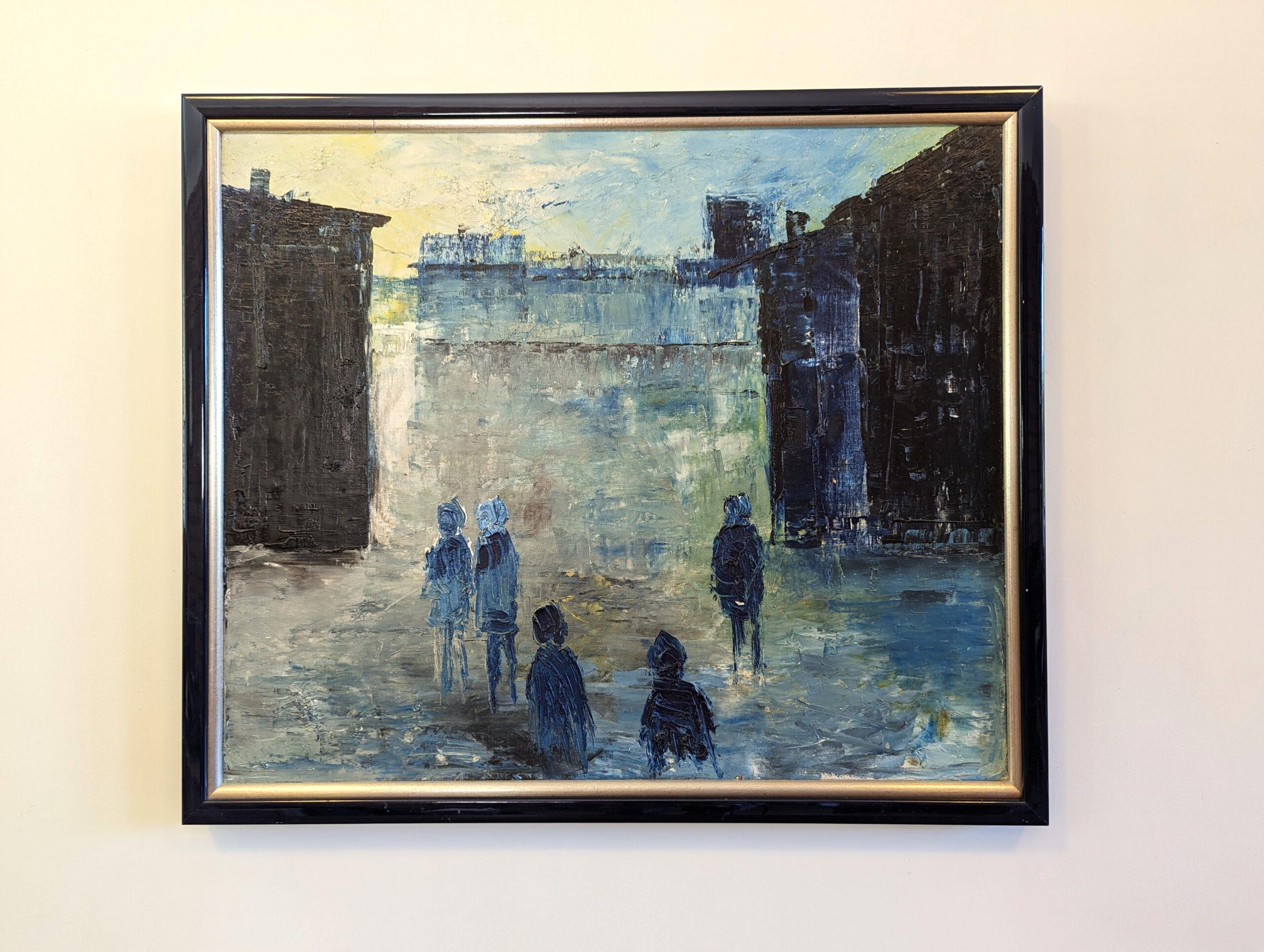 CITY DREAM
Size: 56.5 x 66cm (including frame)
Oil on canvas

A poignant and atmospheric mid-century cityscape composition, executed in oil onto canvas.

In the foreground, a group of figures stand together, with their backs turned to the viewer as