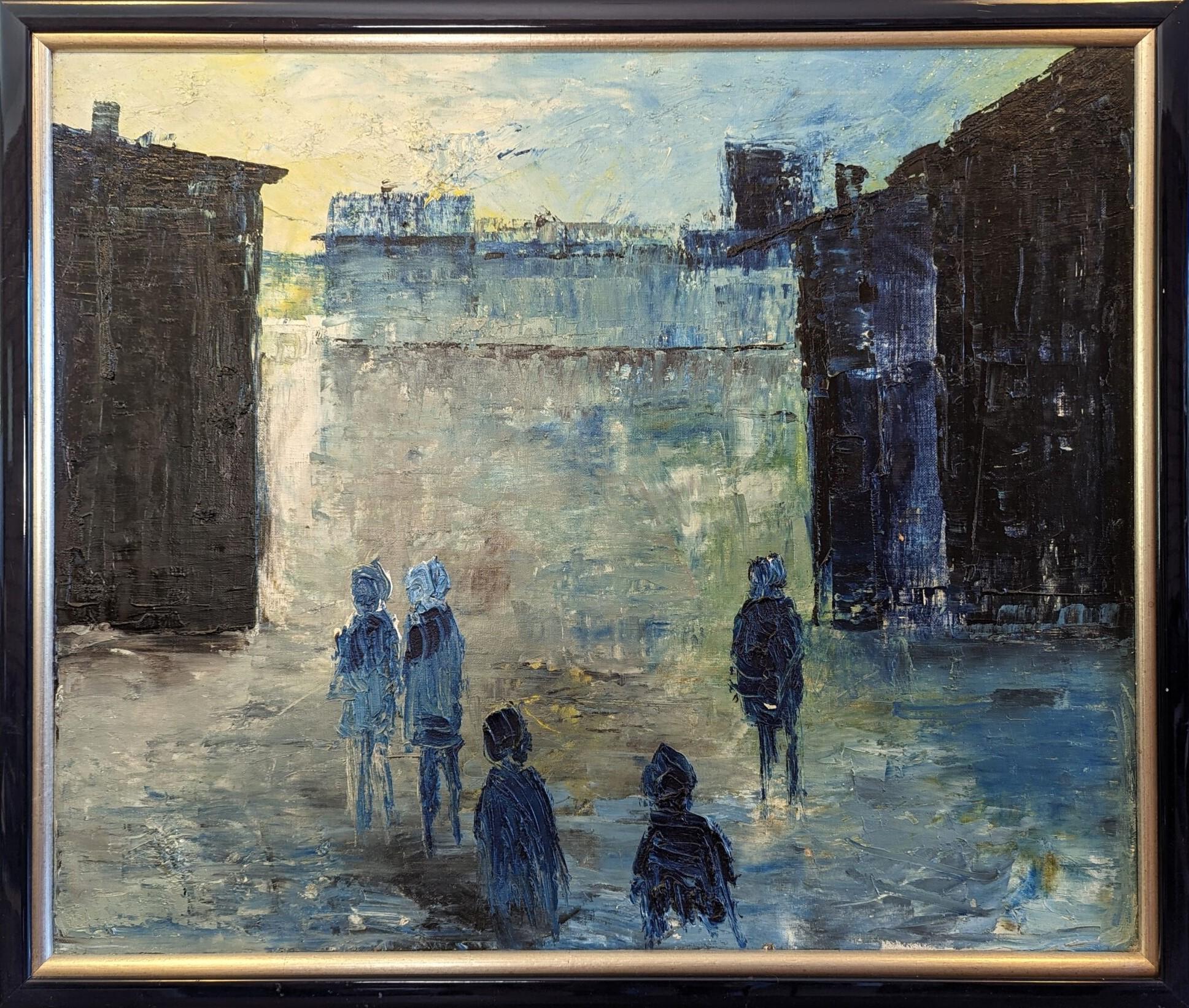 Unknown Figurative Painting - Vintage Mid-Century Swedish Framed Cityscape Oil Painting - City Dream