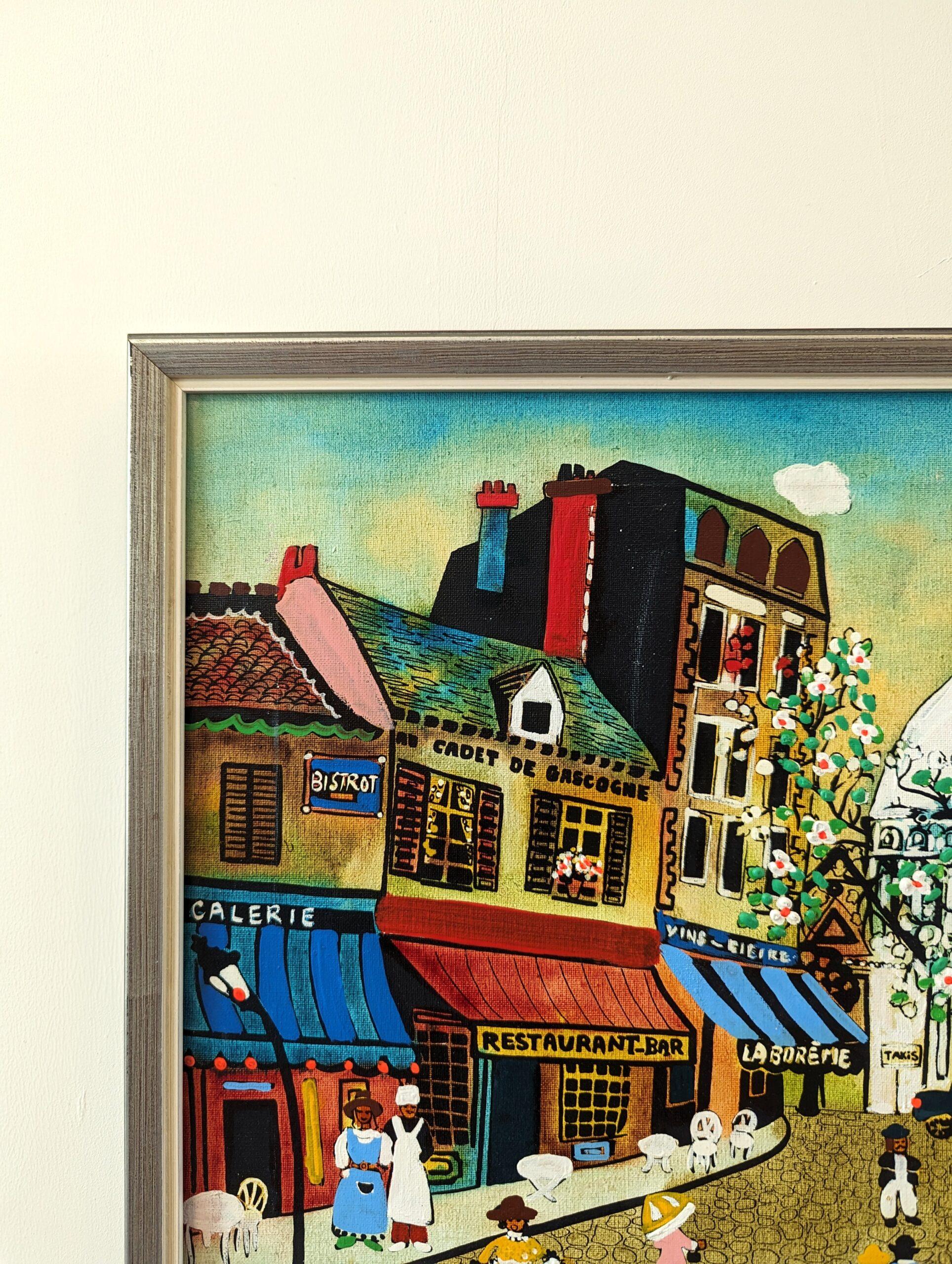 Vintage Mid-Century Swedish Framed Cityscape Oil Painting - Paris Street Life 6