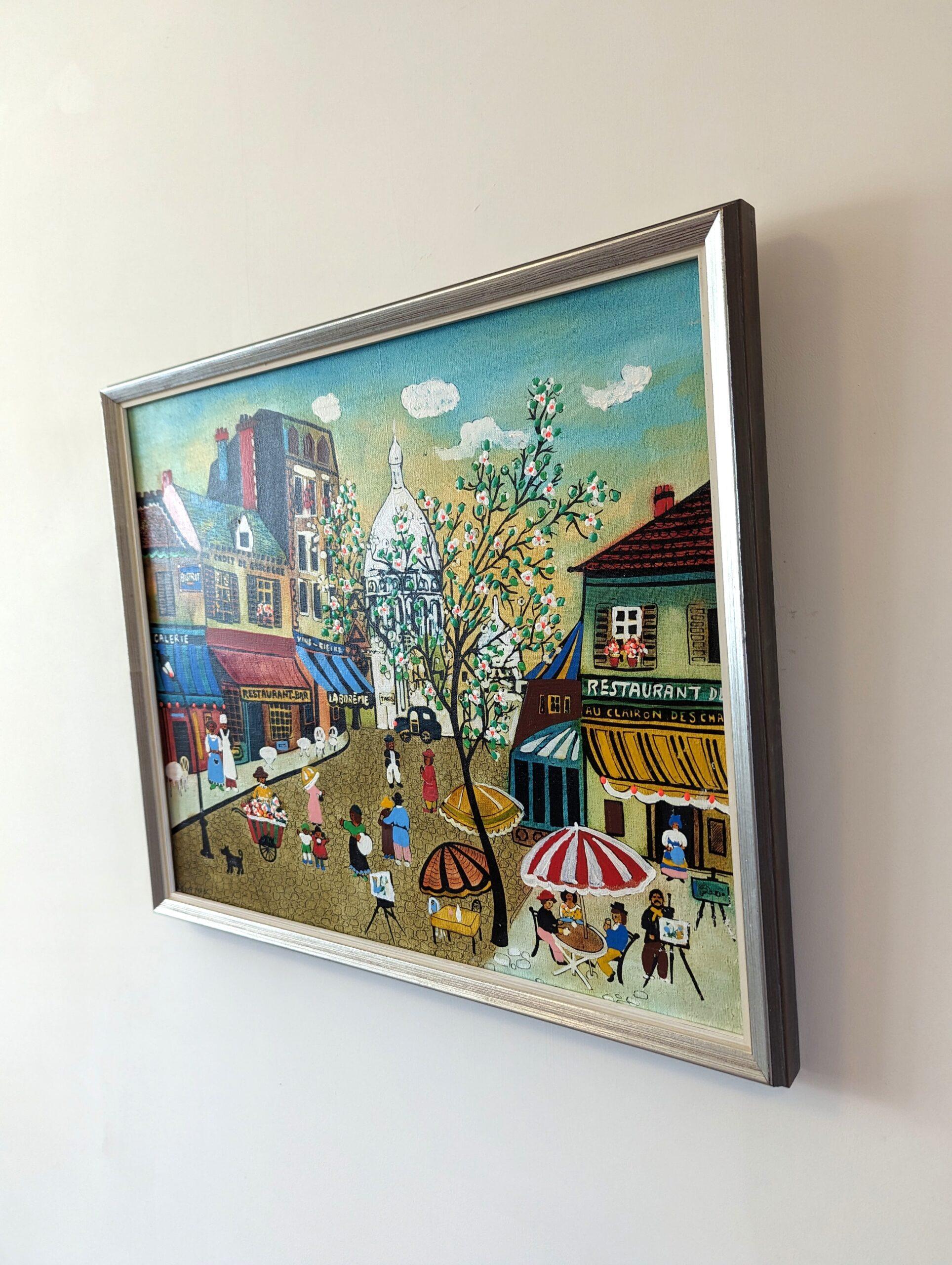 Vintage Mid-Century Swedish Framed Cityscape Oil Painting - Paris Street Life 7
