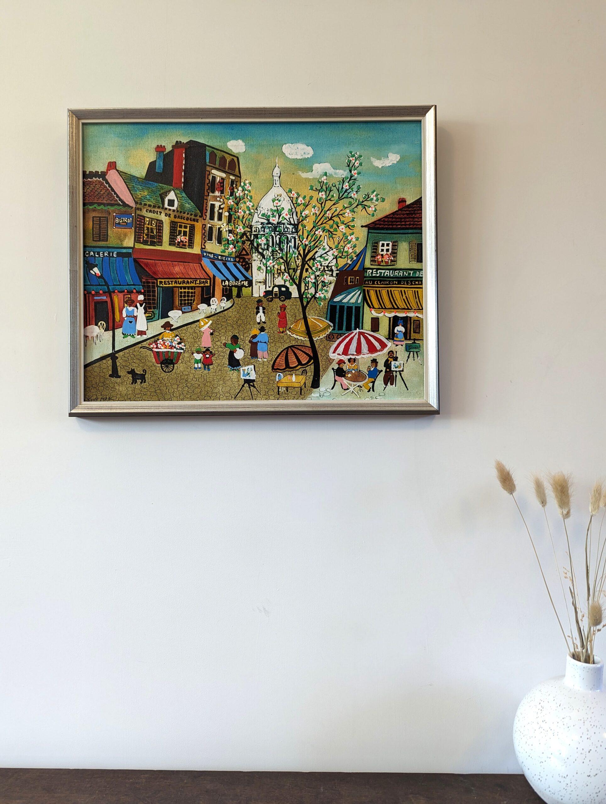 Vintage Mid-Century Swedish Framed Cityscape Oil Painting - Paris Street Life 9