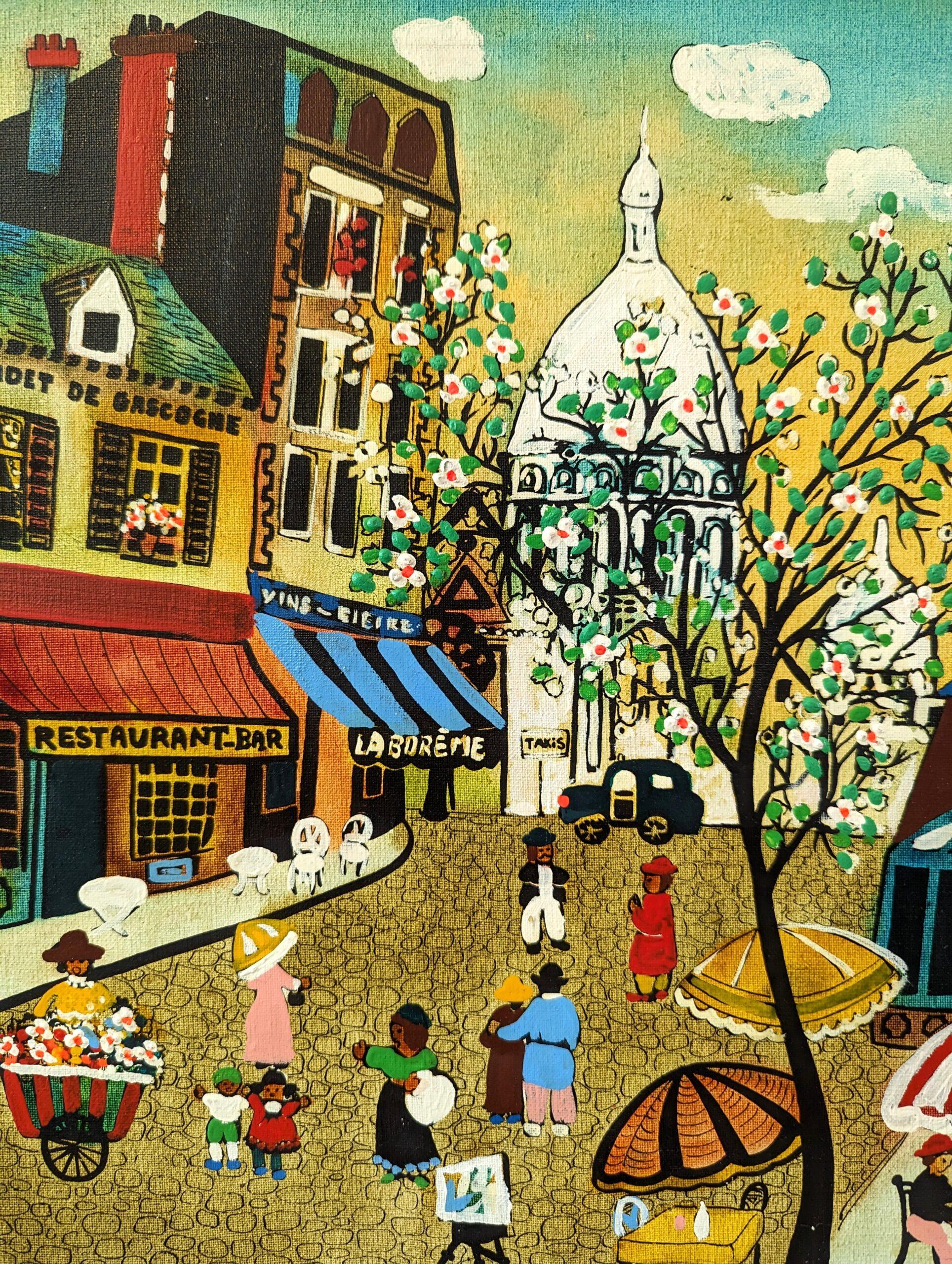 PARIS STREET LIFE
Size: 41.5 x 49.5 cm (including frame)
Oil on canvas

A whimsical mid-century oil composition that transports viewers to the charming streets of Paris, specifically the iconic Montmartre district.

The artwork presents a bustling