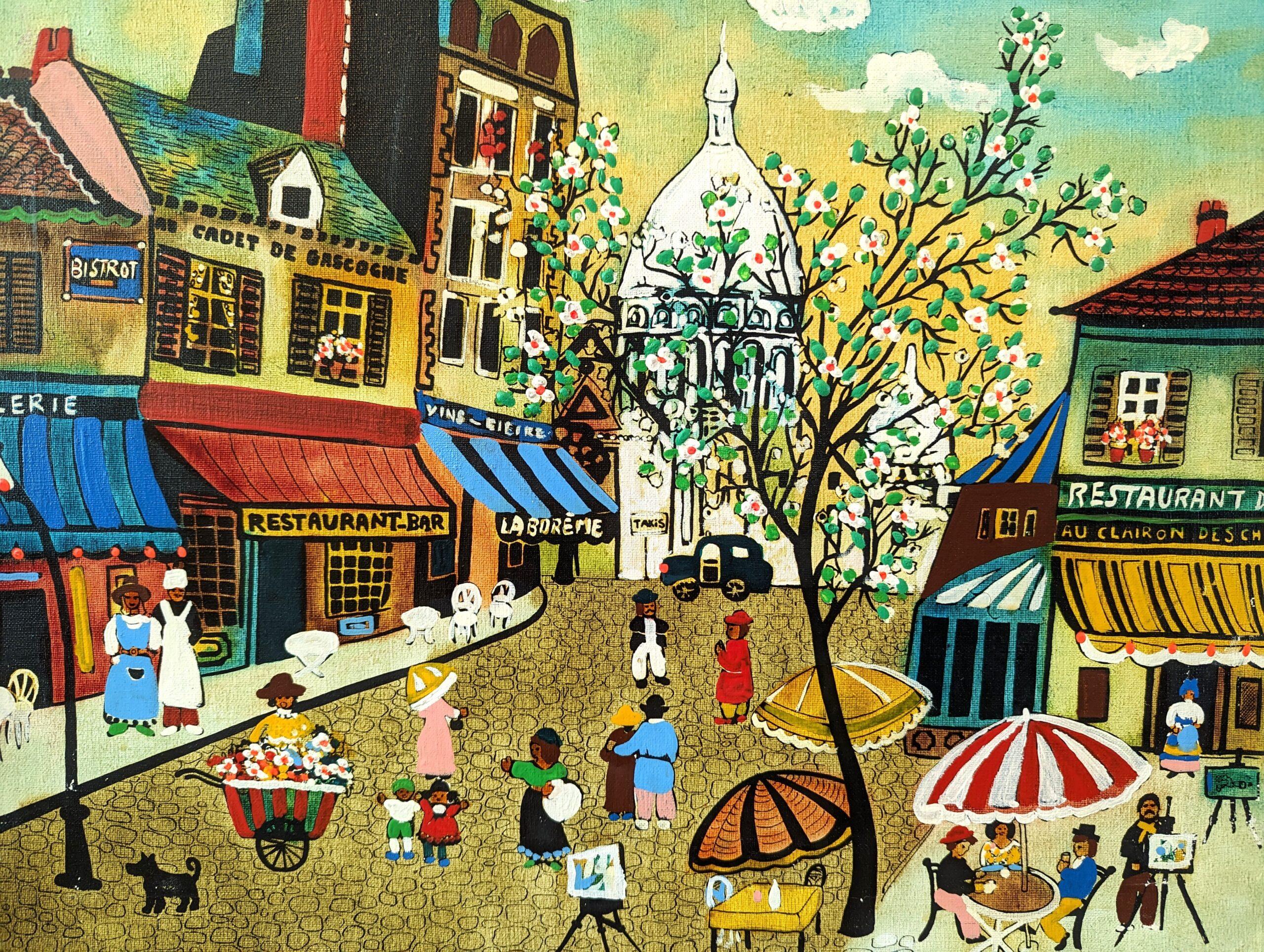 Vintage Mid-Century Swedish Framed Cityscape Oil Painting - Paris Street Life 2