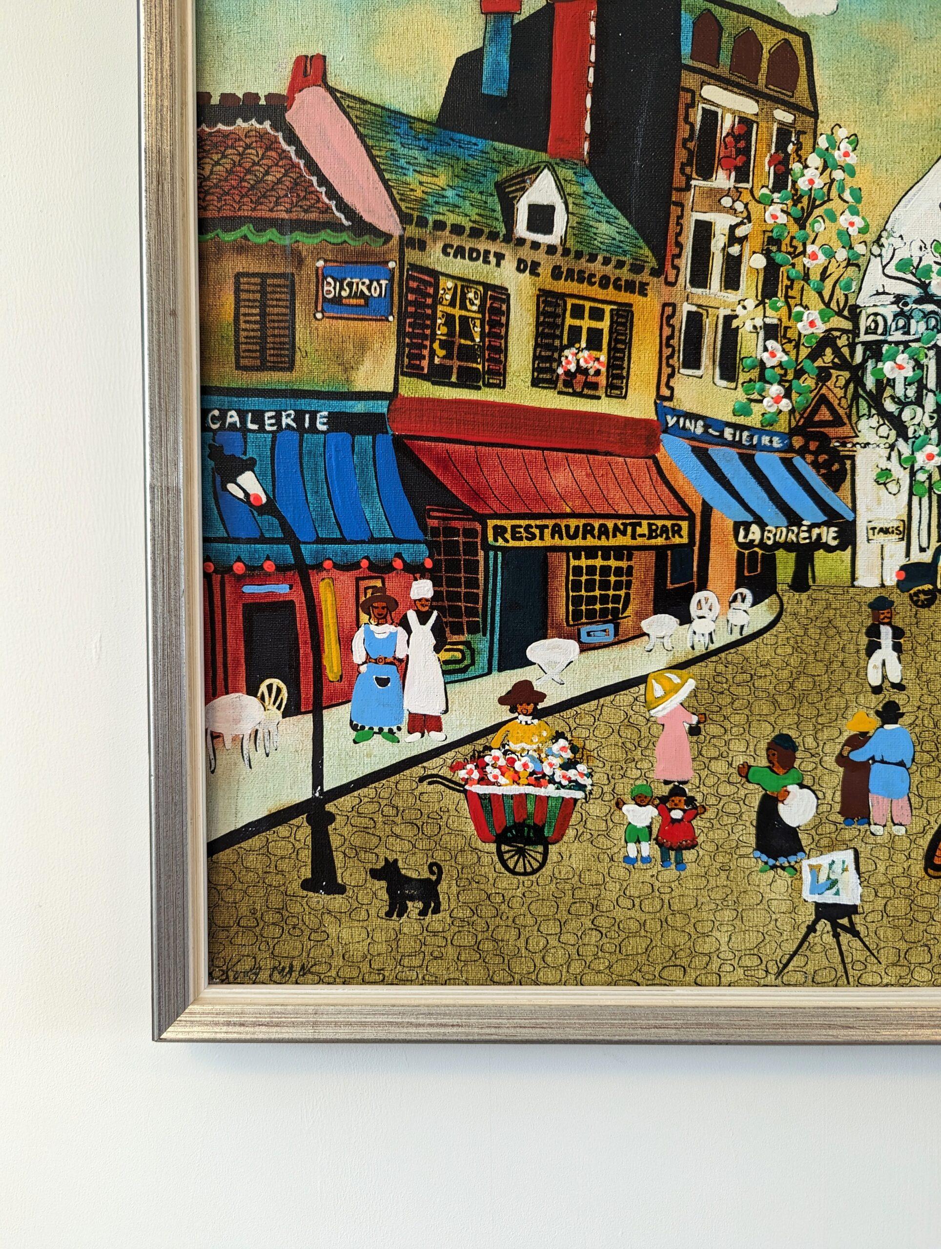 Vintage Mid-Century Swedish Framed Cityscape Oil Painting - Paris Street Life 3