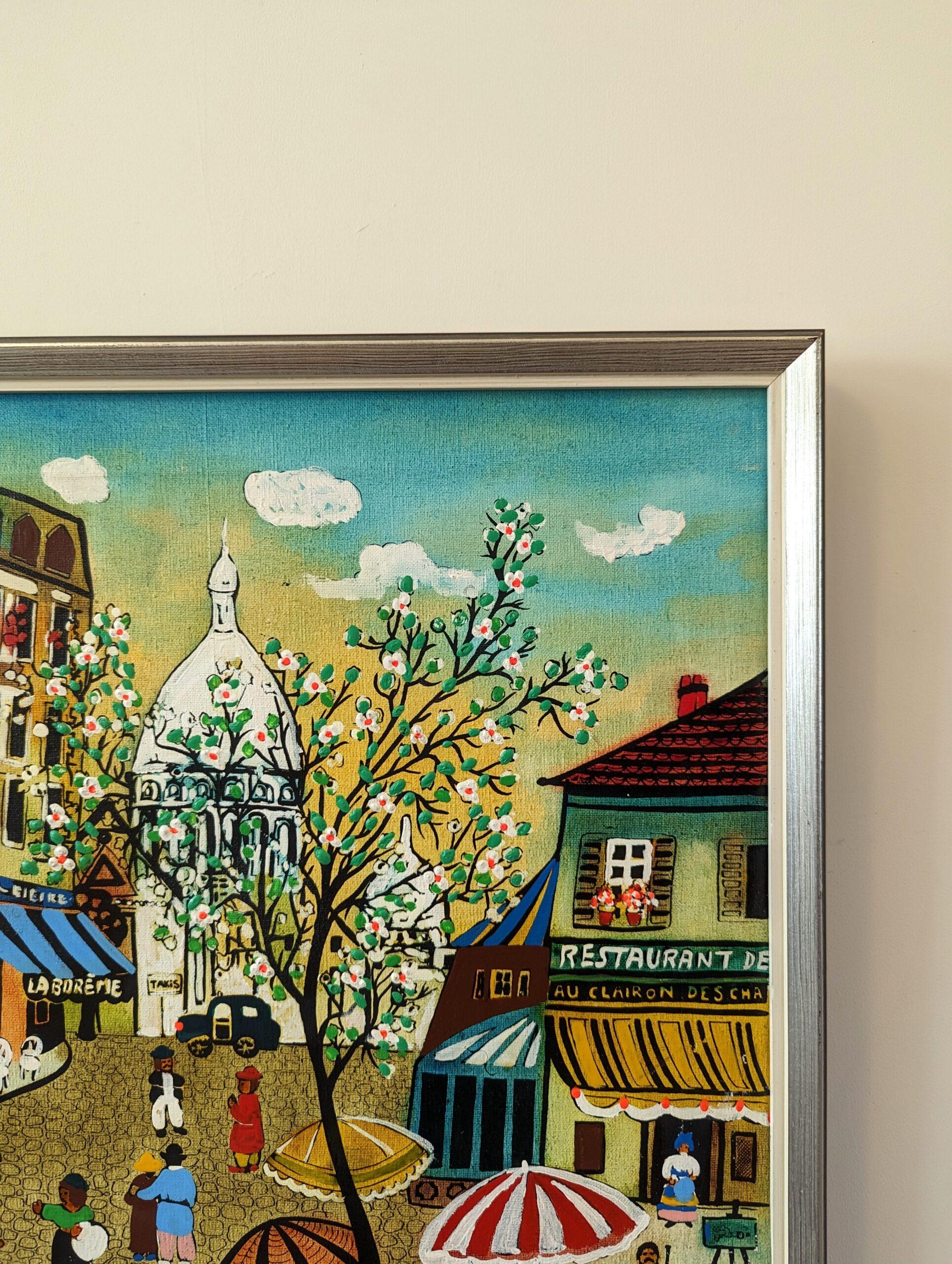 Vintage Mid-Century Swedish Framed Cityscape Oil Painting - Paris Street Life 5