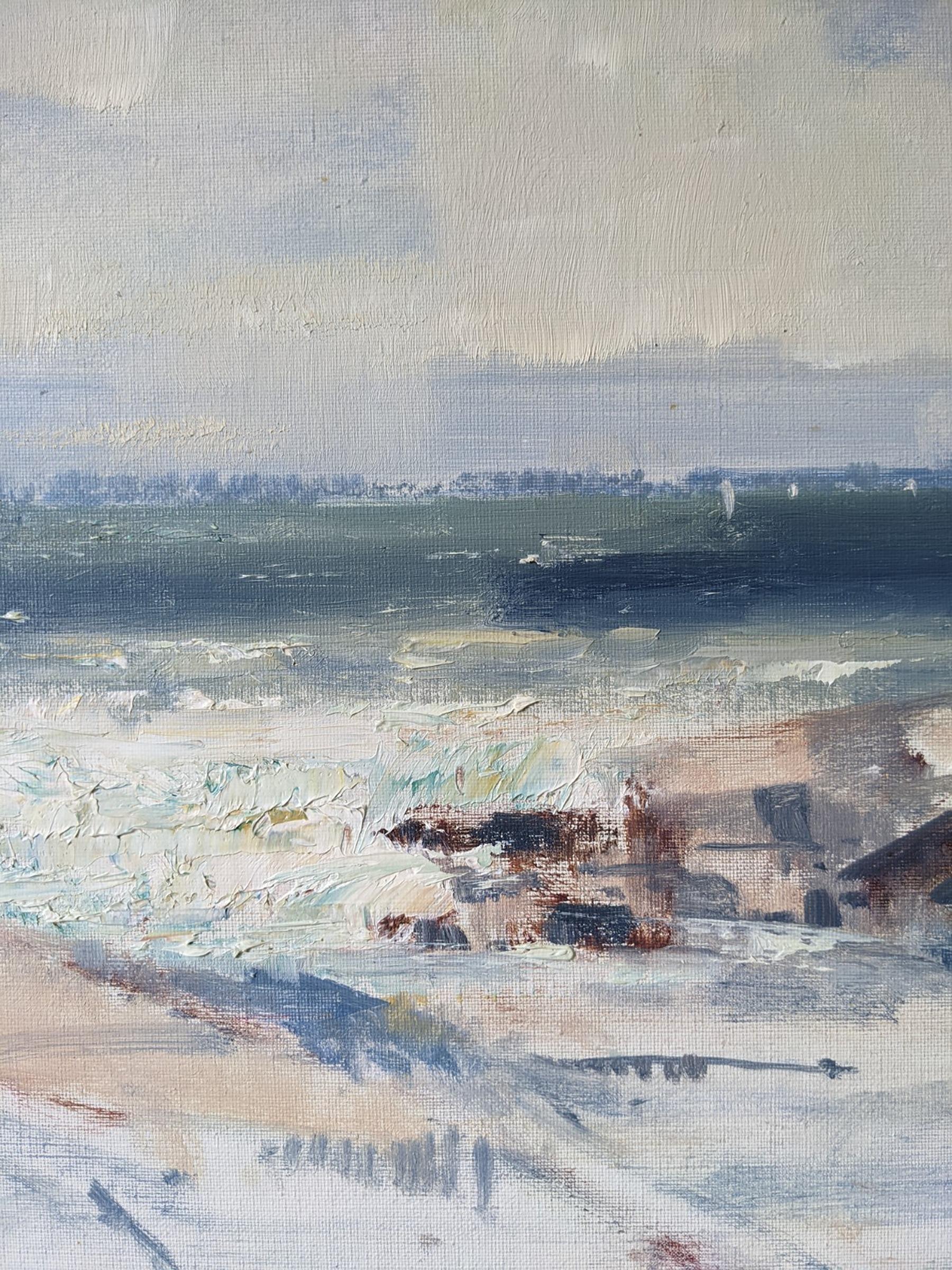 Vintage Mid-Century Swedish Framed Coastal Landscape Oil Painting - Tide 7