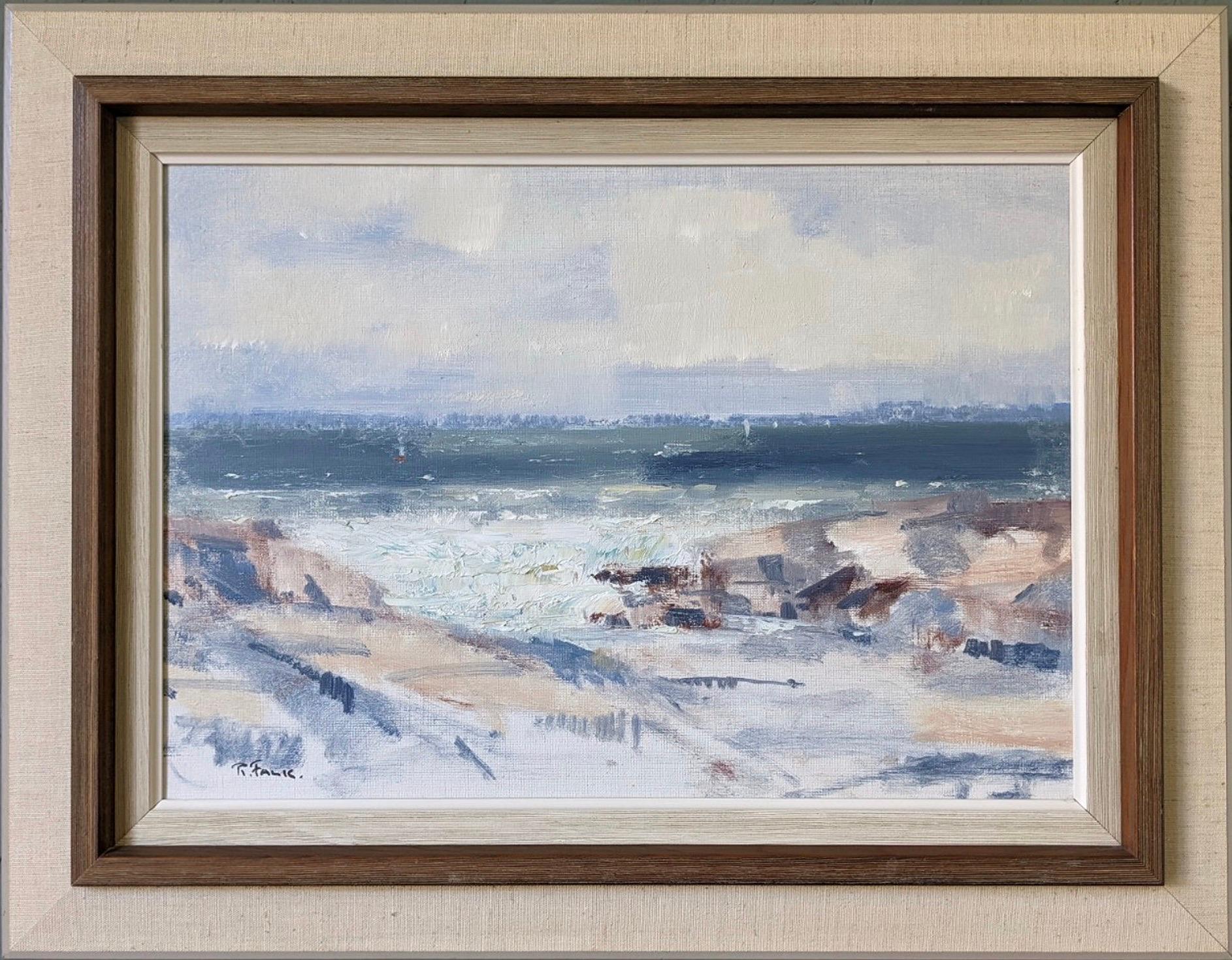 Unknown Abstract Painting - Vintage Mid-Century Swedish Framed Coastal Landscape Oil Painting - Tide