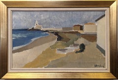 Vintage Mid-Century Swedish Framed Coastal Oil Painting - Lighthouse Walk