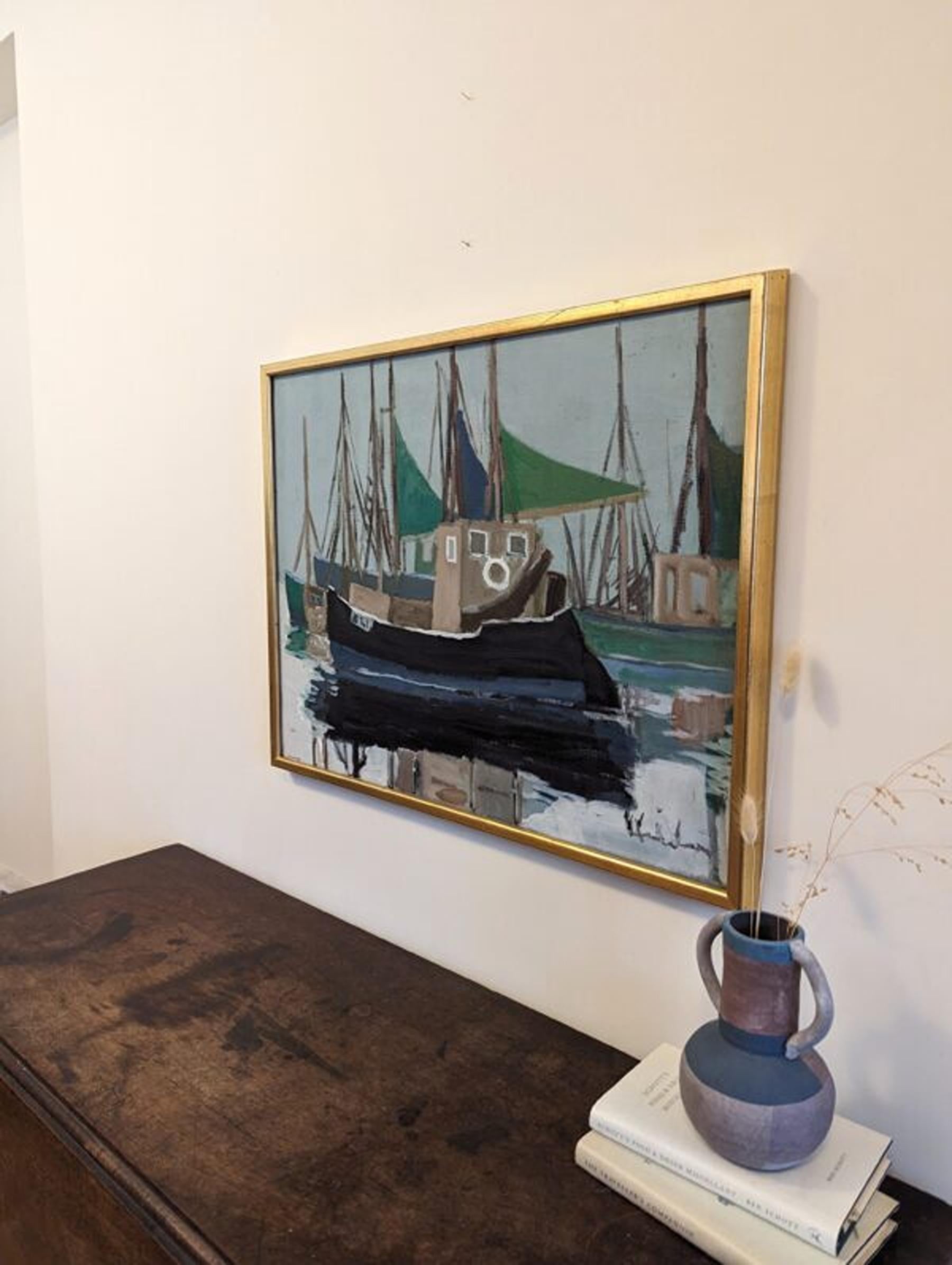 Vintage Mid-Century Swedish Framed Coastal Seascape Oil Painting - Green Sails For Sale 8