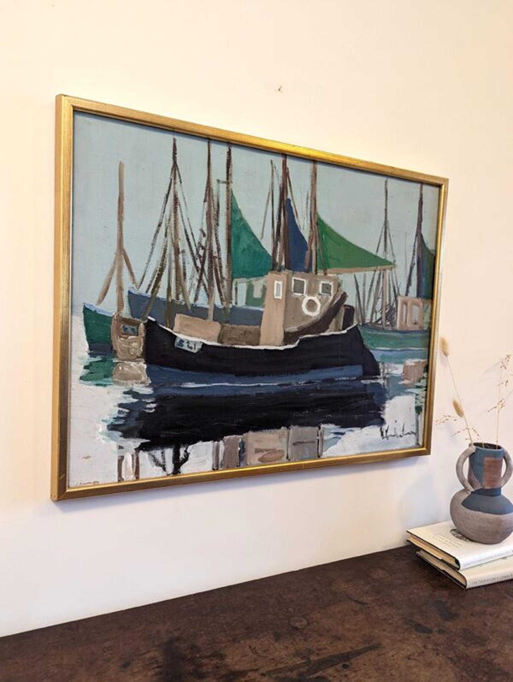Vintage Mid-Century Swedish Framed Coastal Seascape Oil Painting - Green Sails For Sale 9