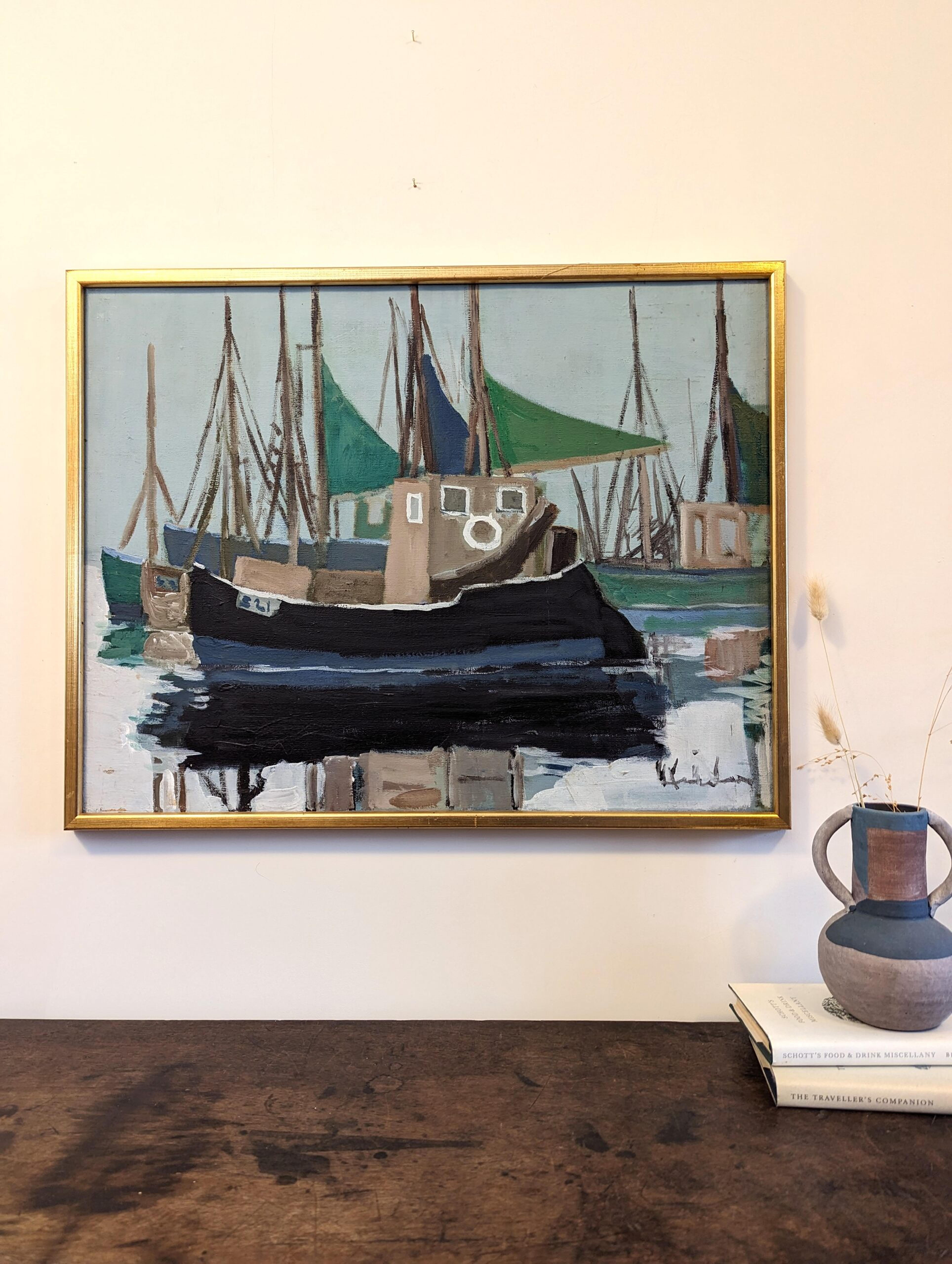 Vintage Mid-Century Swedish Framed Coastal Seascape Oil Painting - Green Sails For Sale 10