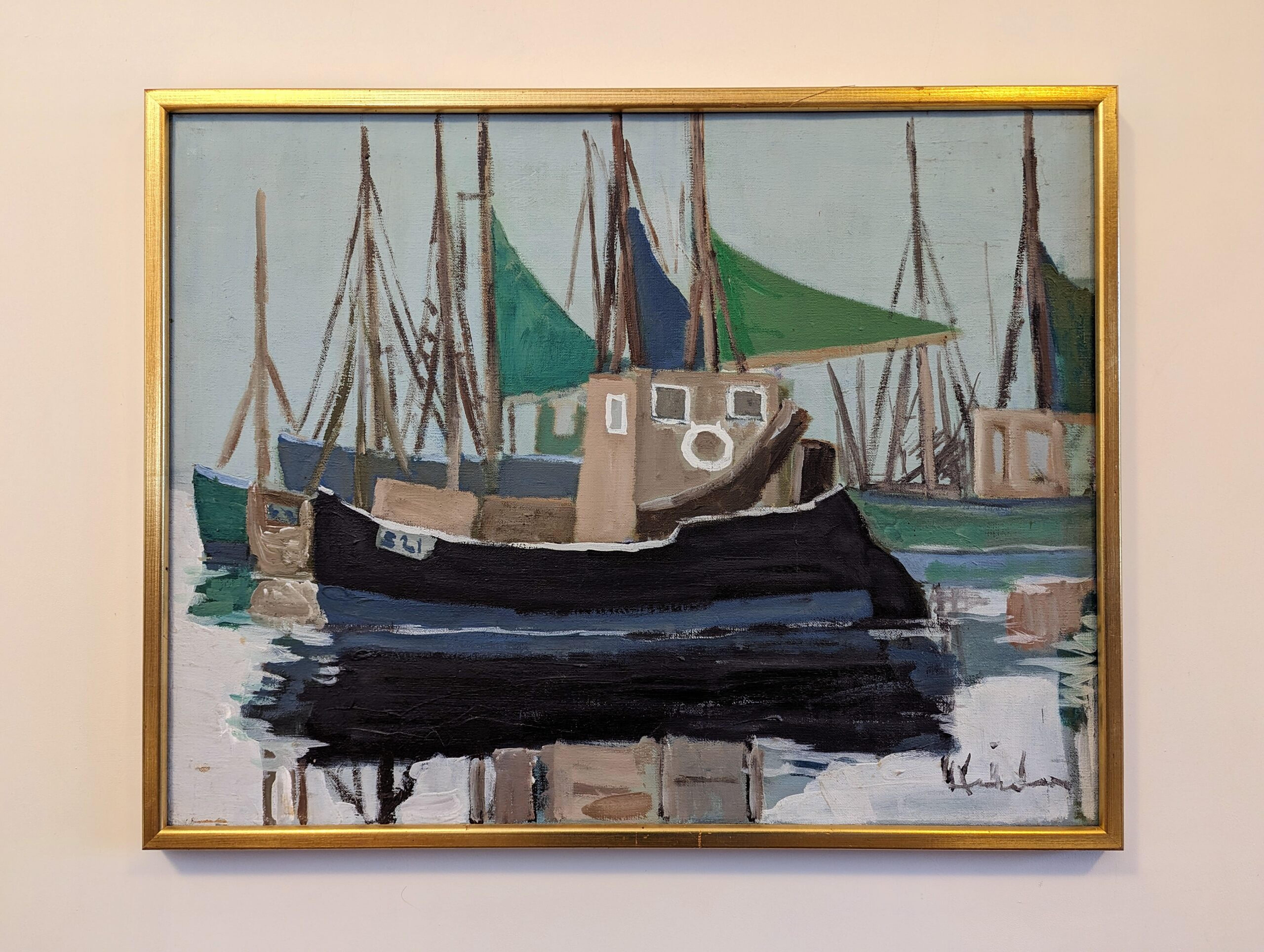 GREEN SAILS
Size: 53 x 68 cm (including frame)
Oil on Canvas

A brilliantly executed mid-century modernist seascape composition, executed in oil onto canvas.

Distinctively modernist in style, the artist here has played with shape, form and colour